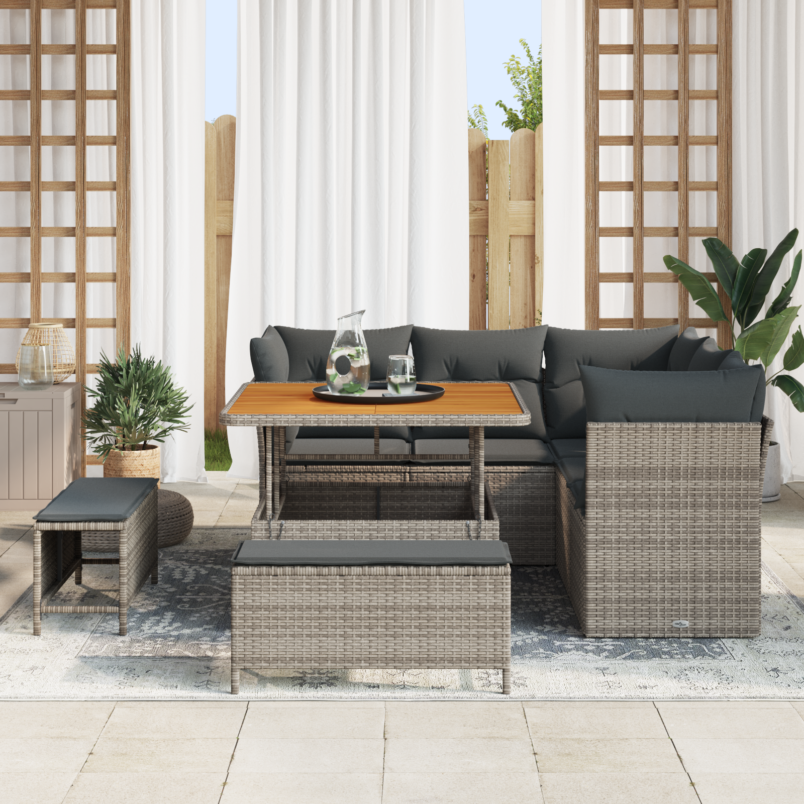 vidaXL 8-delige tuinset met kussens in het grijs van poly rattan en acaciahout