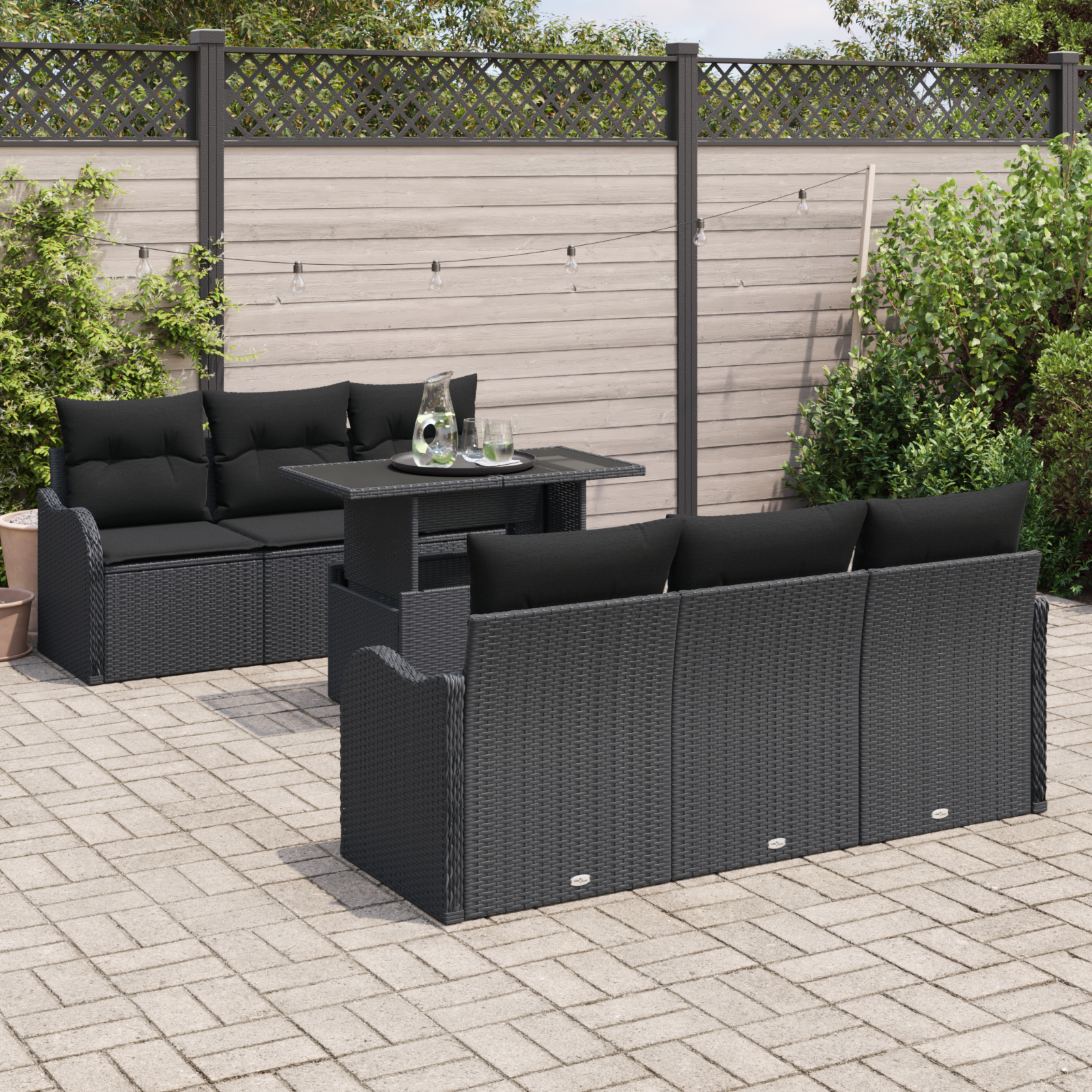 vidaXL 7-delige tuinset met kussens zwart poly rattan