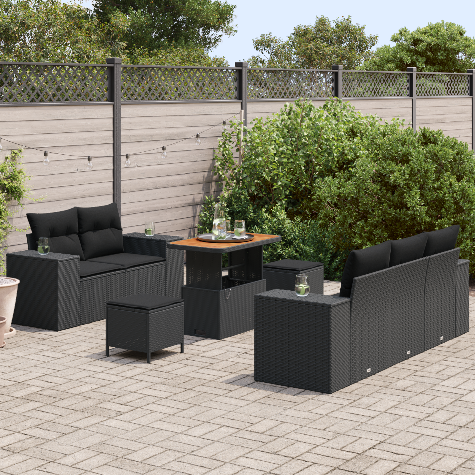 vidaXL 8-delige tuinset met kussens in zwart poly rattan en acacia