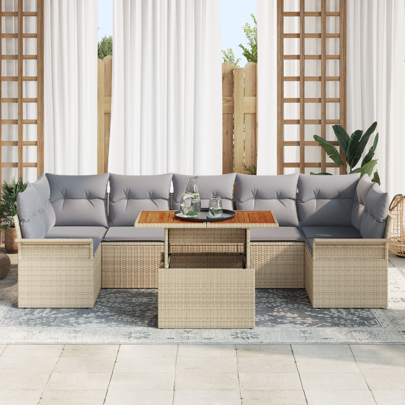 vidaXL 8-delige tuinset met kussens in beige poly rattan en acacia