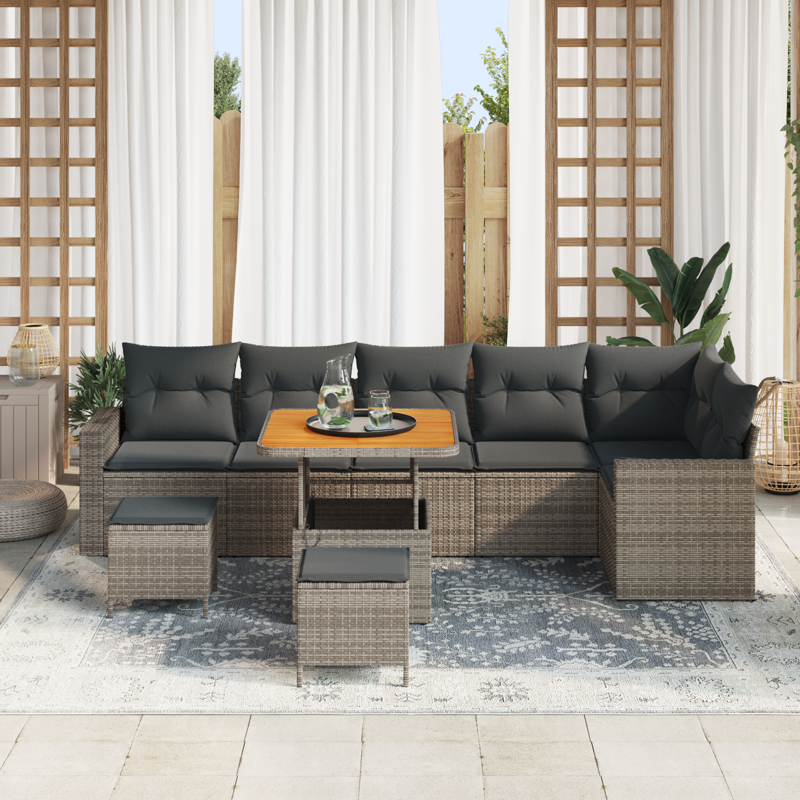 vidaXL 9-delige Tuinbankenset met kussens poly rattan acacia grijs
