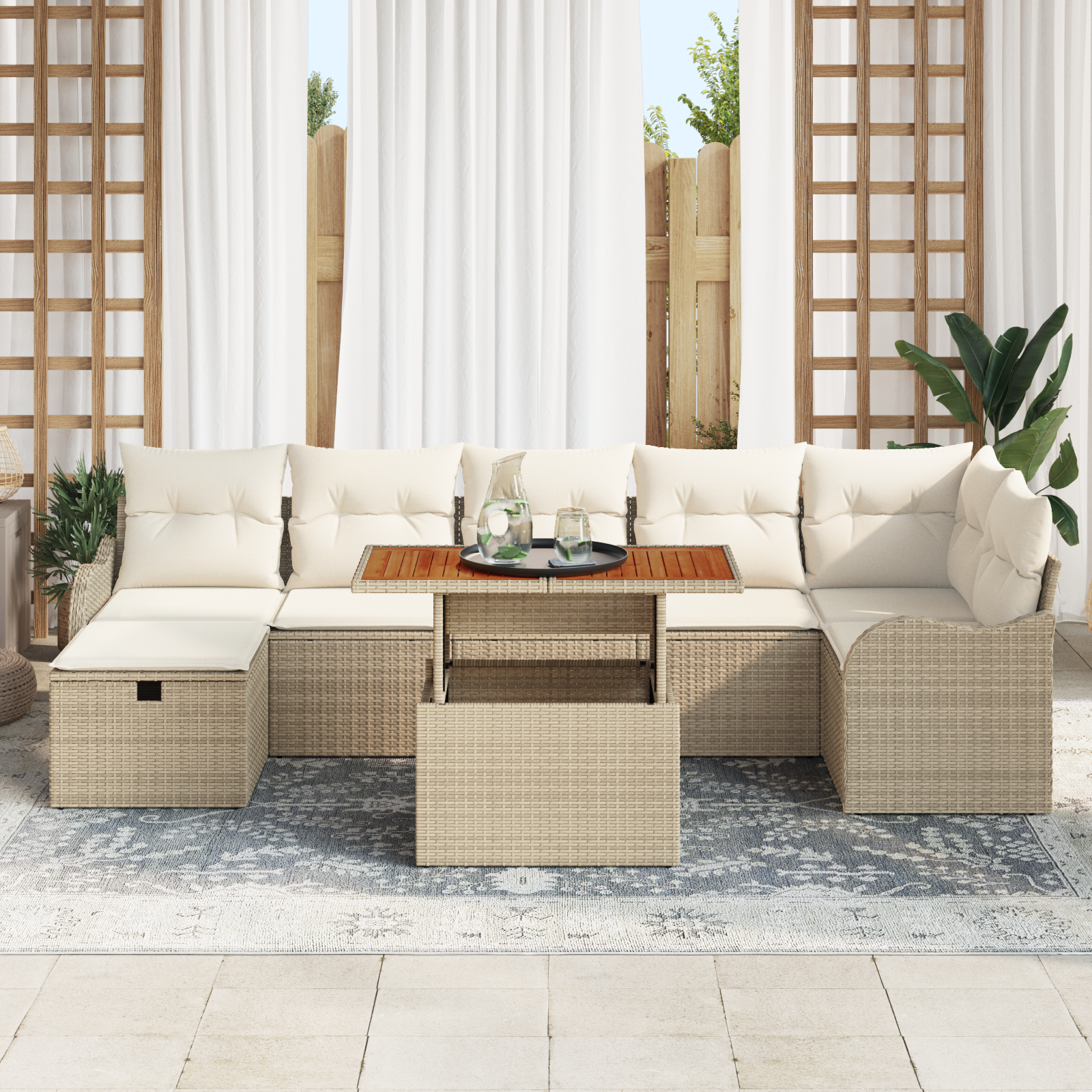 vidaXL 8-delige tuinset met kussens in beige poly rattan