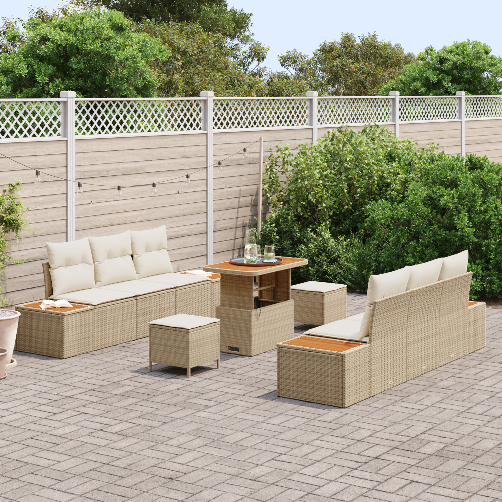 vidaXL 9-delige tuinset met kussens in beige poly rattan en acacia