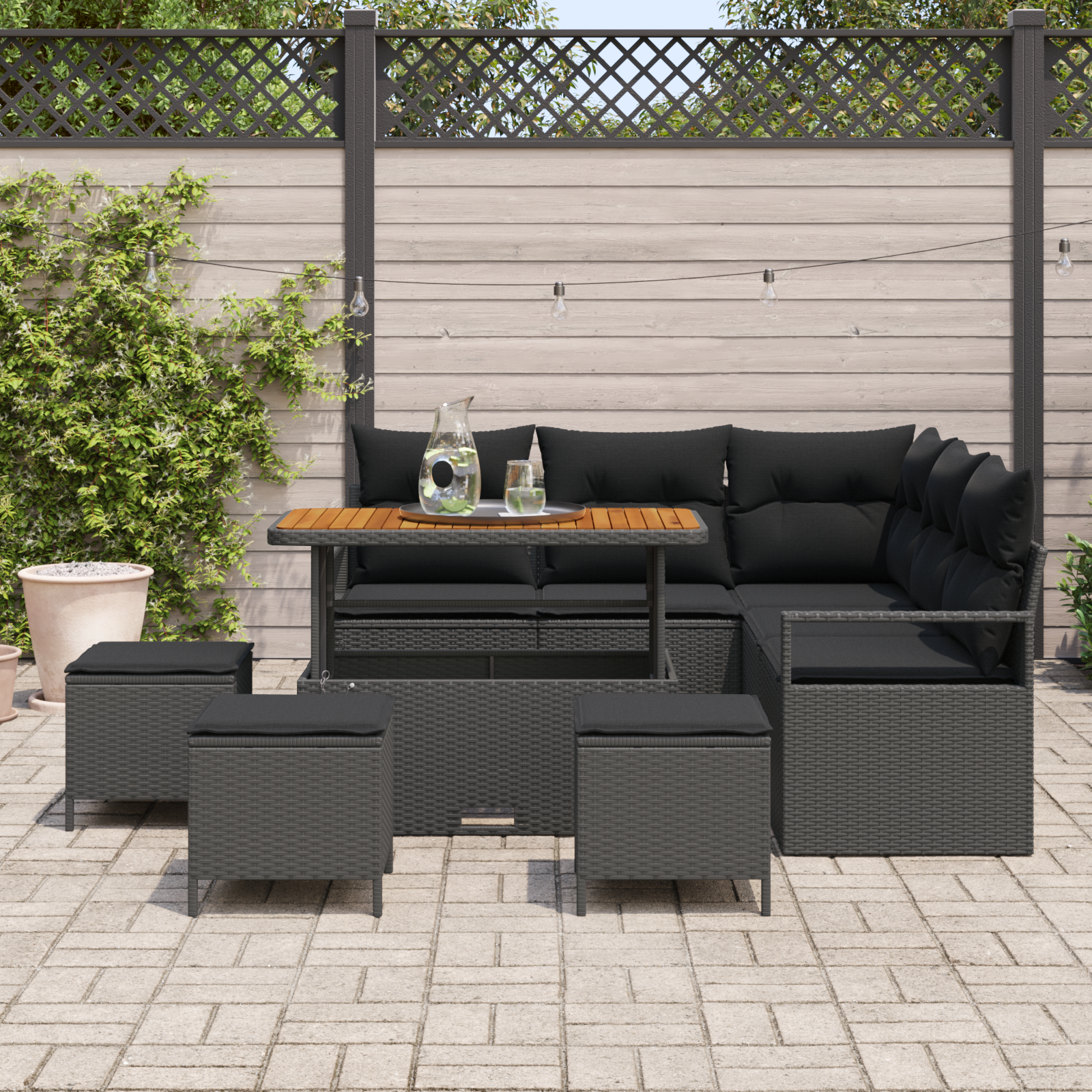 vidaXL 9-delige lounge set voor in de tuin met kussens - zwart poly rattan en acacia