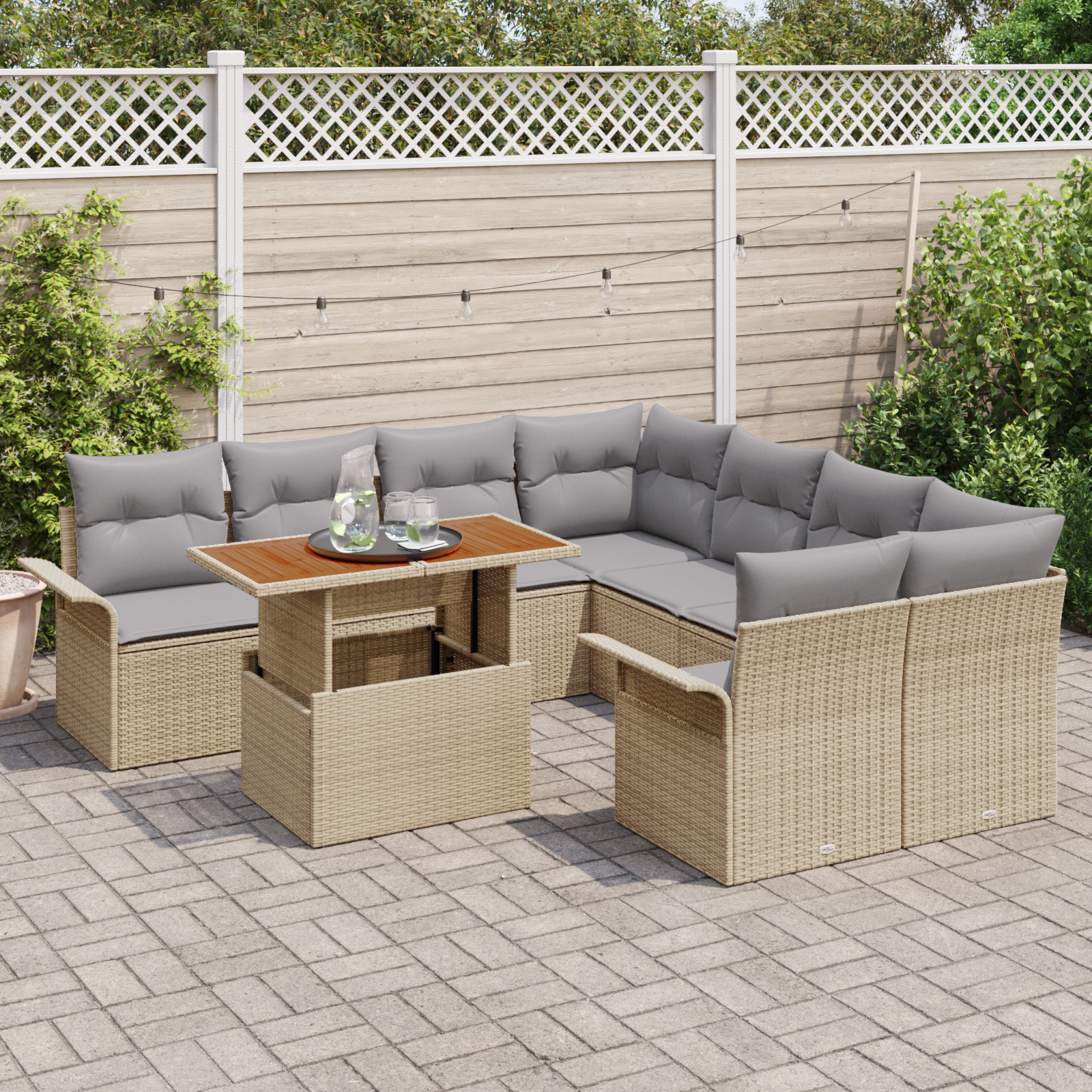 vidaXL 9-delige Tuinbankenset met kussens poly rattan acaciahout beige