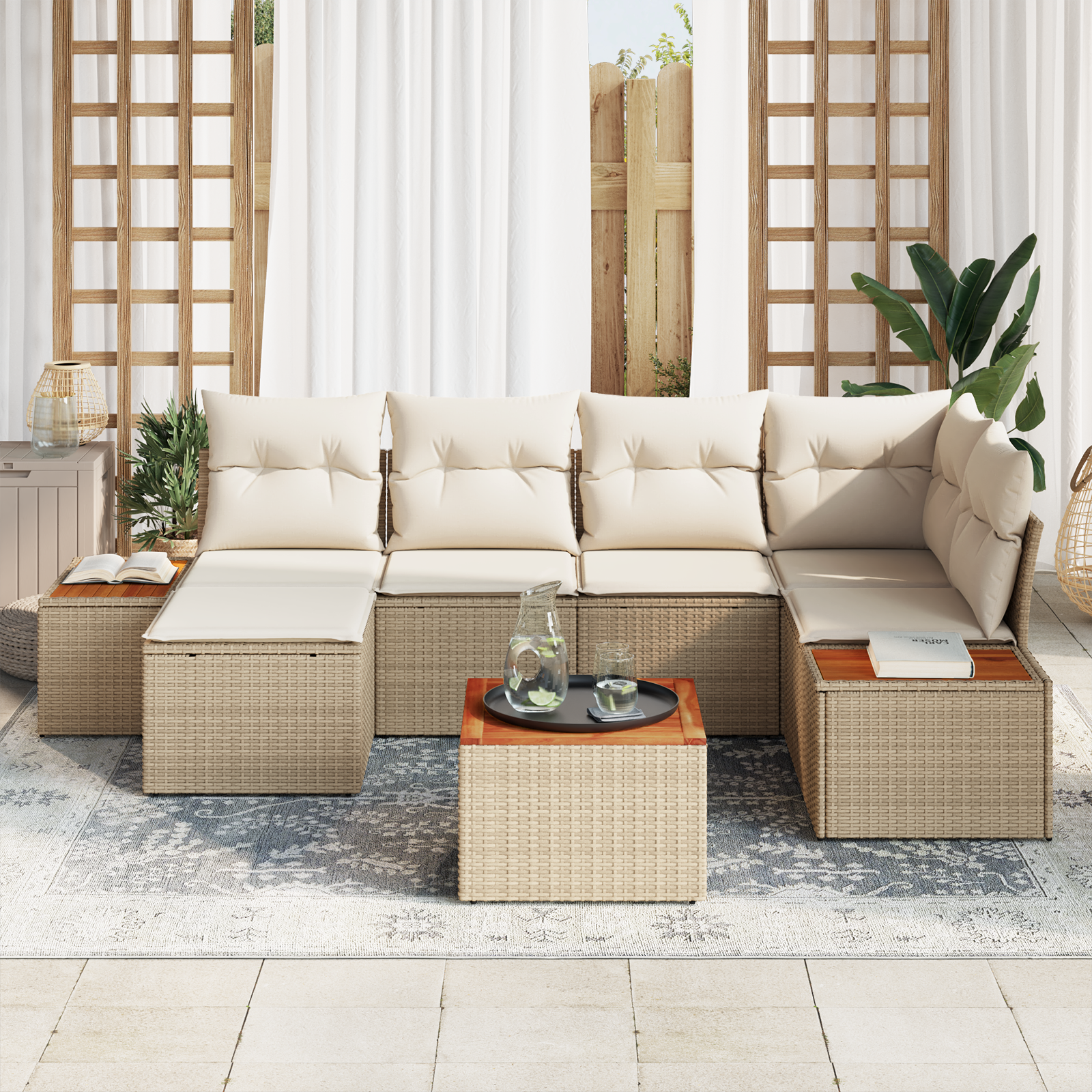 vidaXL 7-delige tuinset met kussens in beige poly rattan en acacia