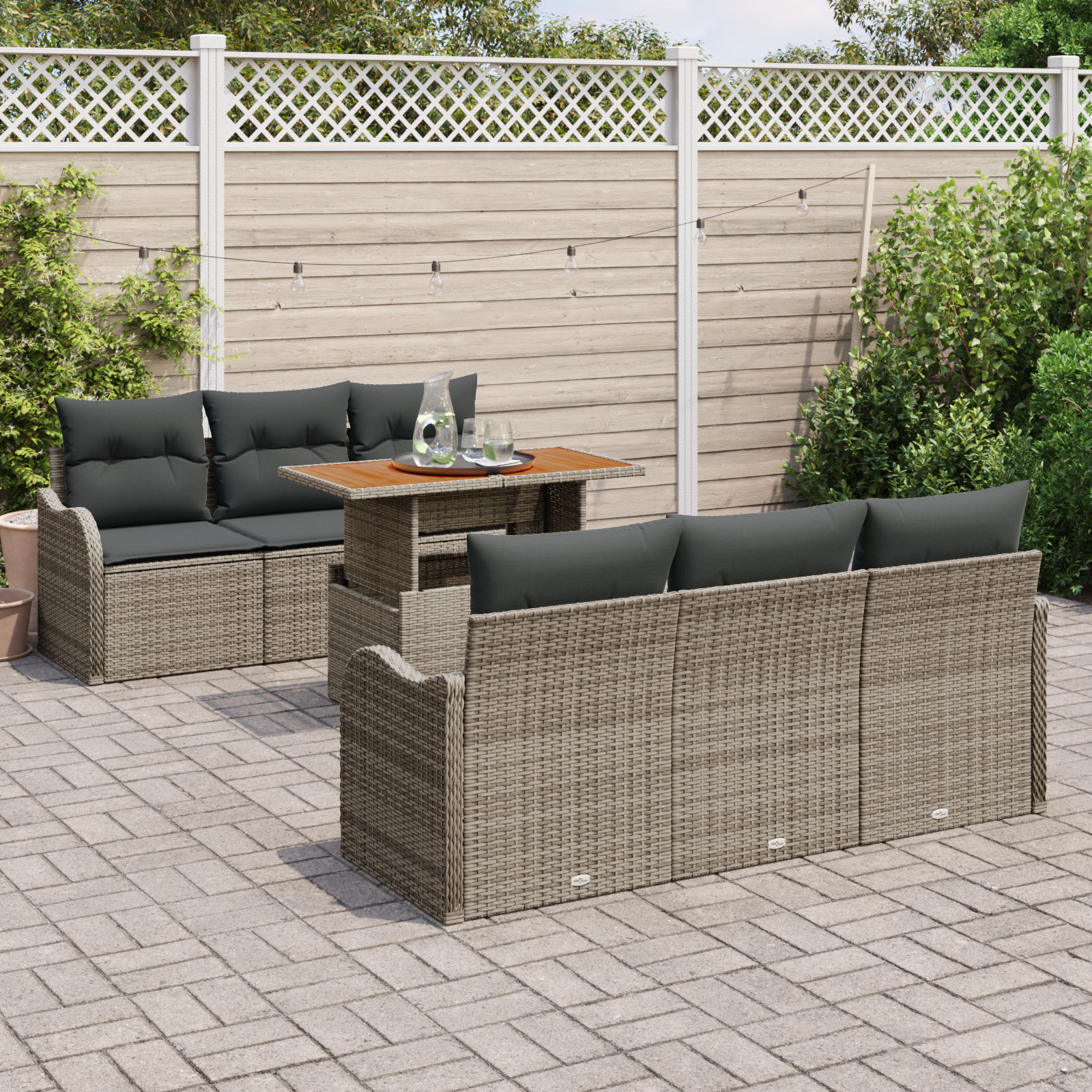 vidaXL 7-delige Tuinbankenset met kussens poly rattan grijs