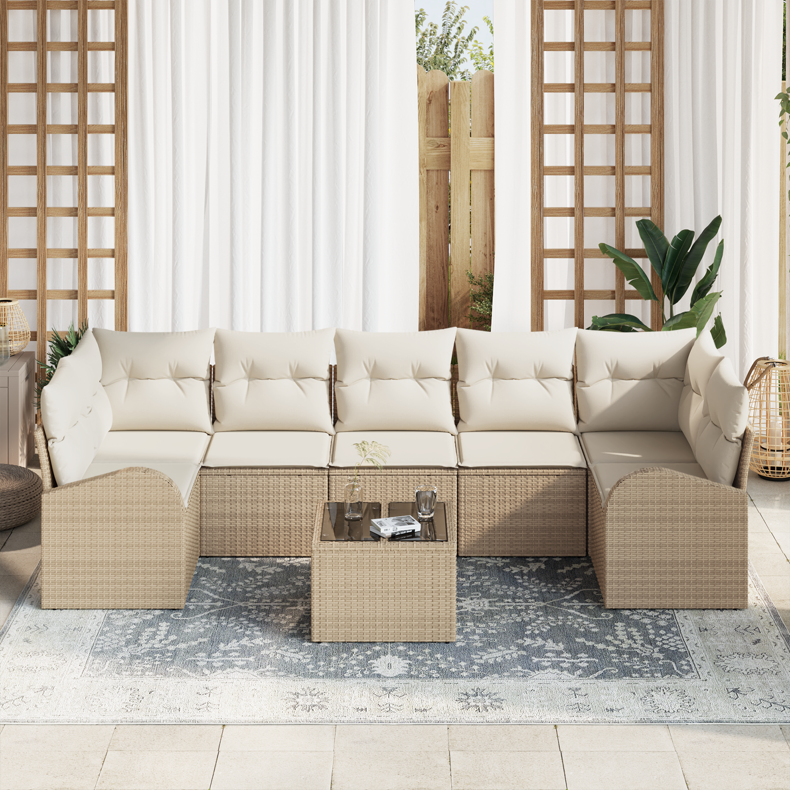 vidaXL 8-delige Tuinbankenset met kussens poly rattan beige