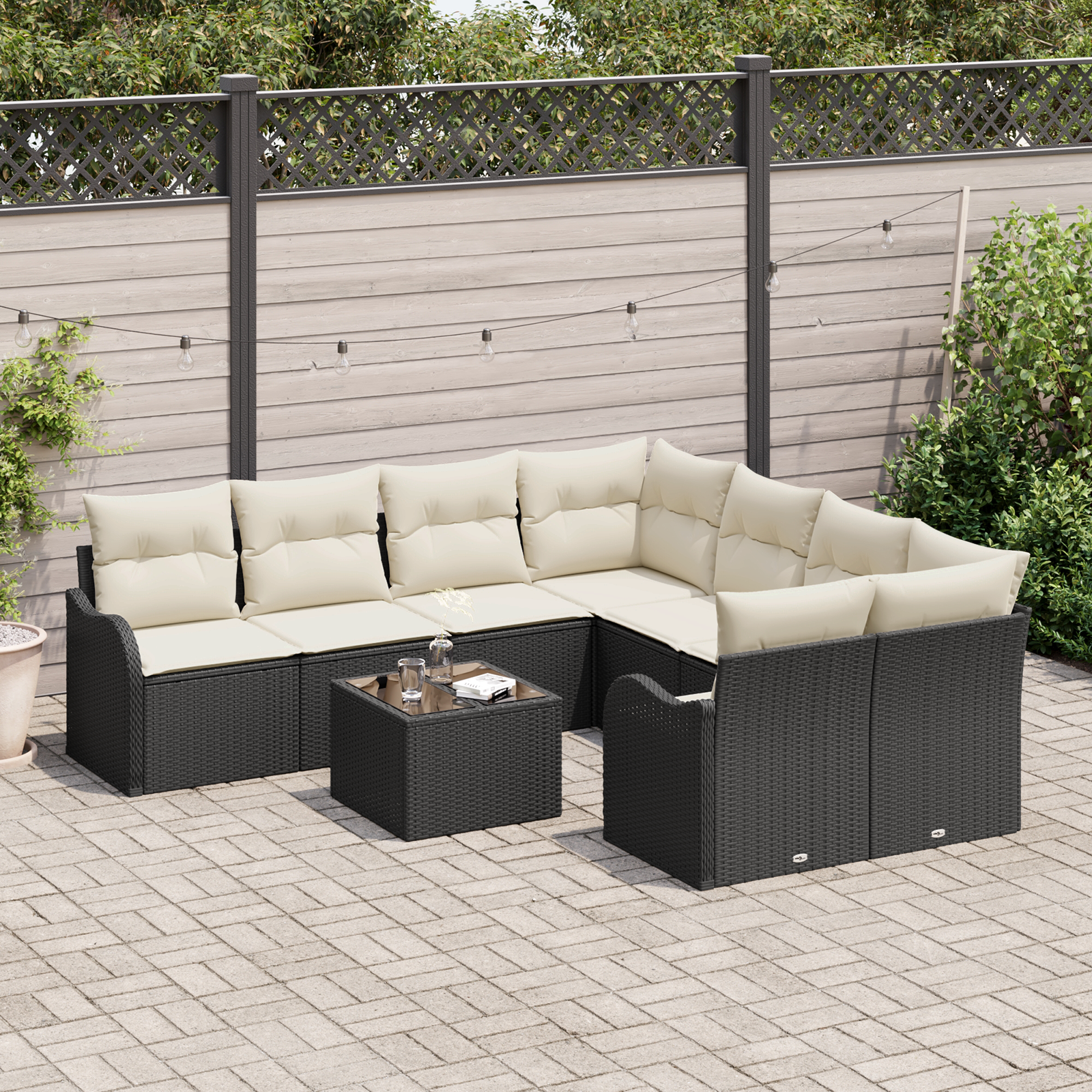 vidaXL 9-delige Tuinbankenset met kussens poly rattan zwart