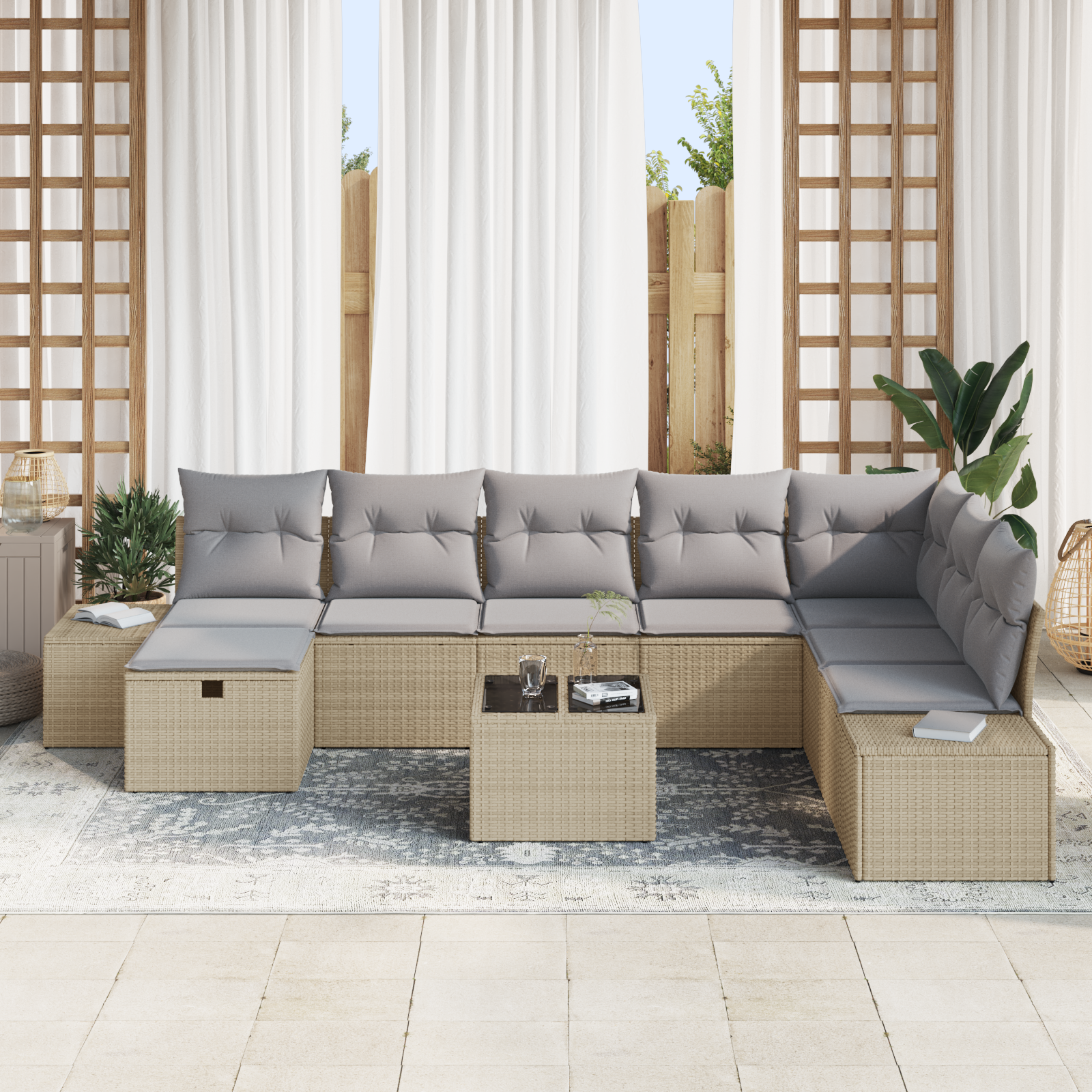 vidaXL 9-delige Tuinbankenset met kussens poly rattan beige