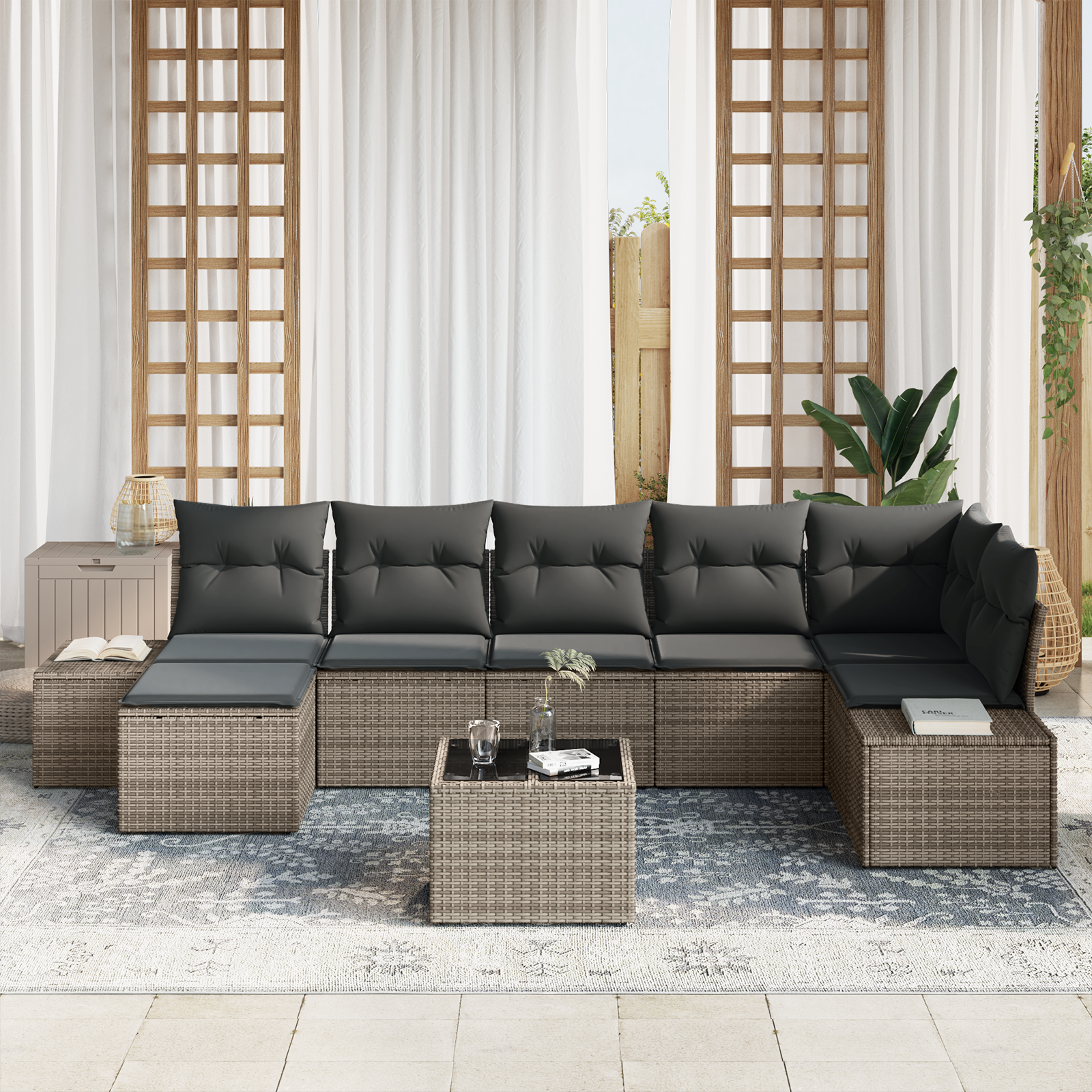 vidaXL 7-delige tuinset met kussens in zwart poly rattan