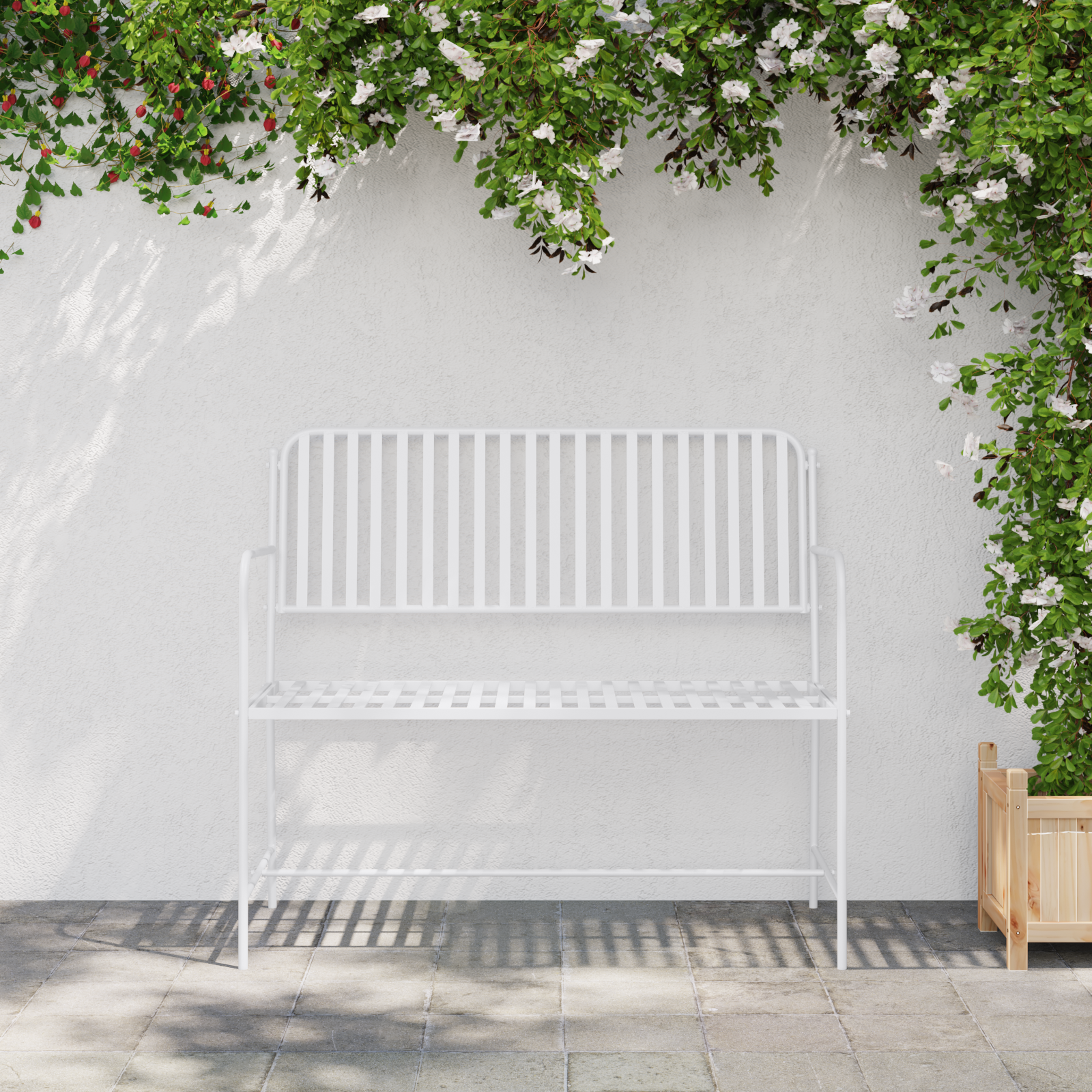 vidaXL Tuinbank met lattenontwerp Wit 107 cm Staal