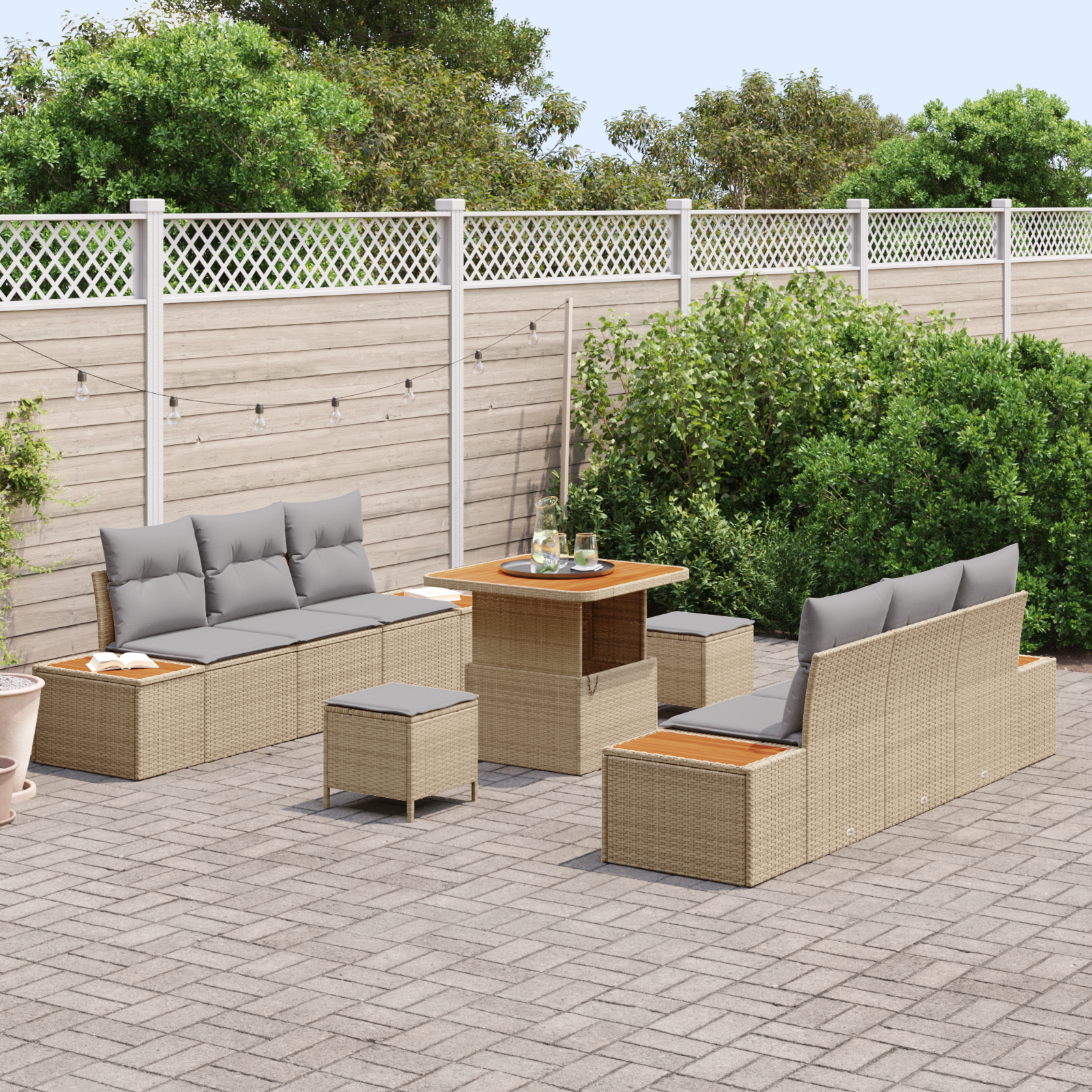 vidaXL 9-delige tuinbankset met kussens - beige poly riet en acacia