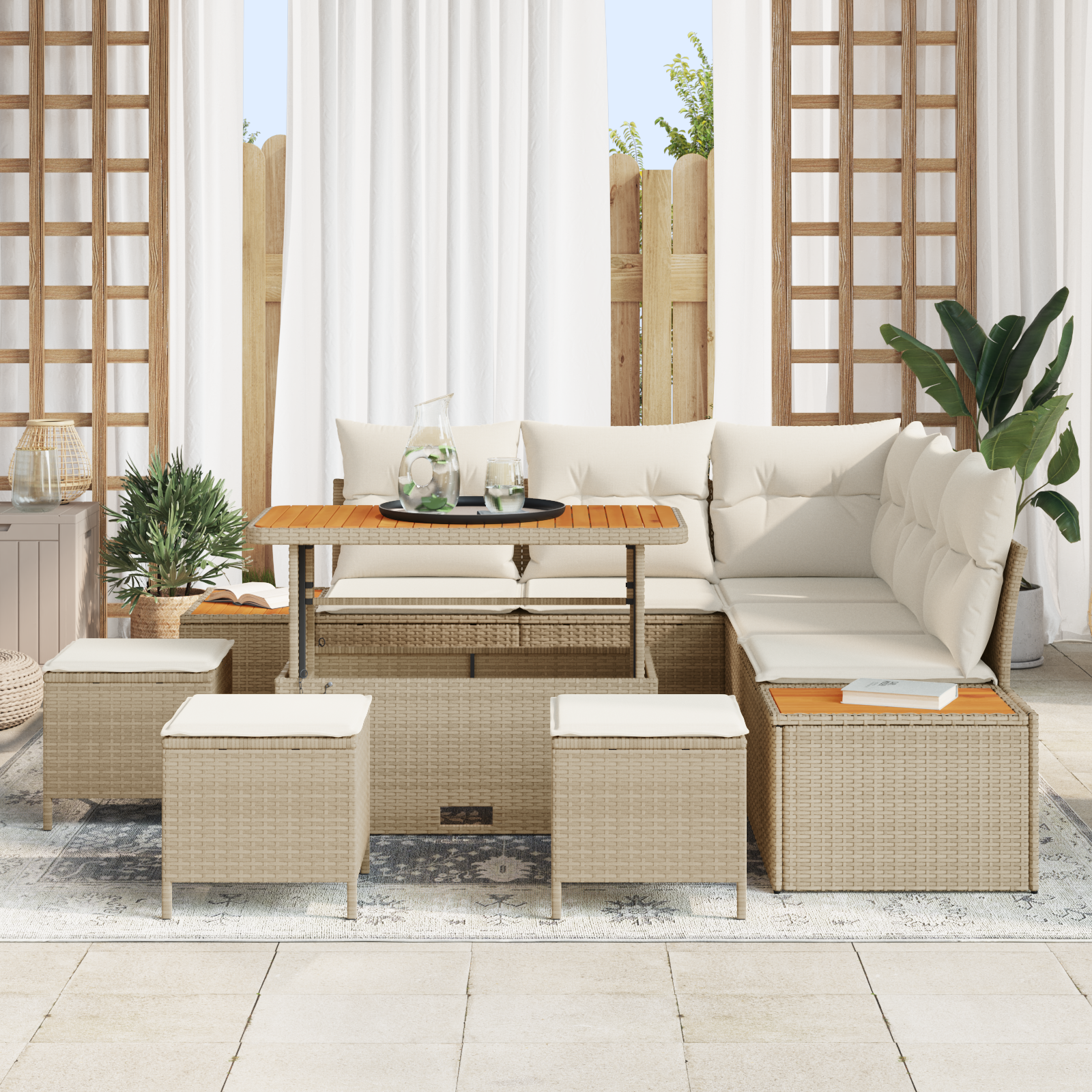 vidaXL 9-delige ligbed set met kussens Beige Poly Rattan Acacia