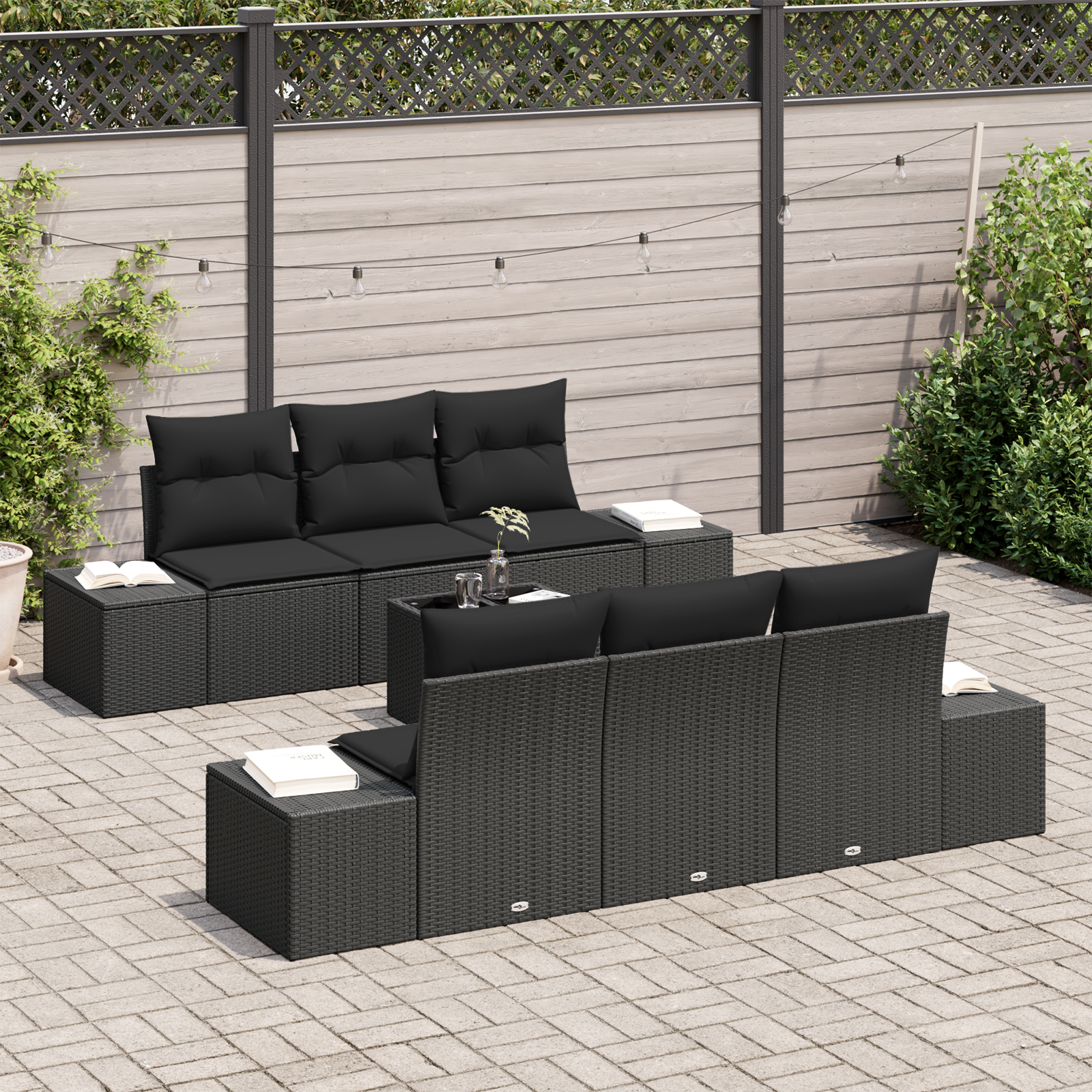 vidaXL 7-delige tuinbankset met kussens in zwart poly rattan