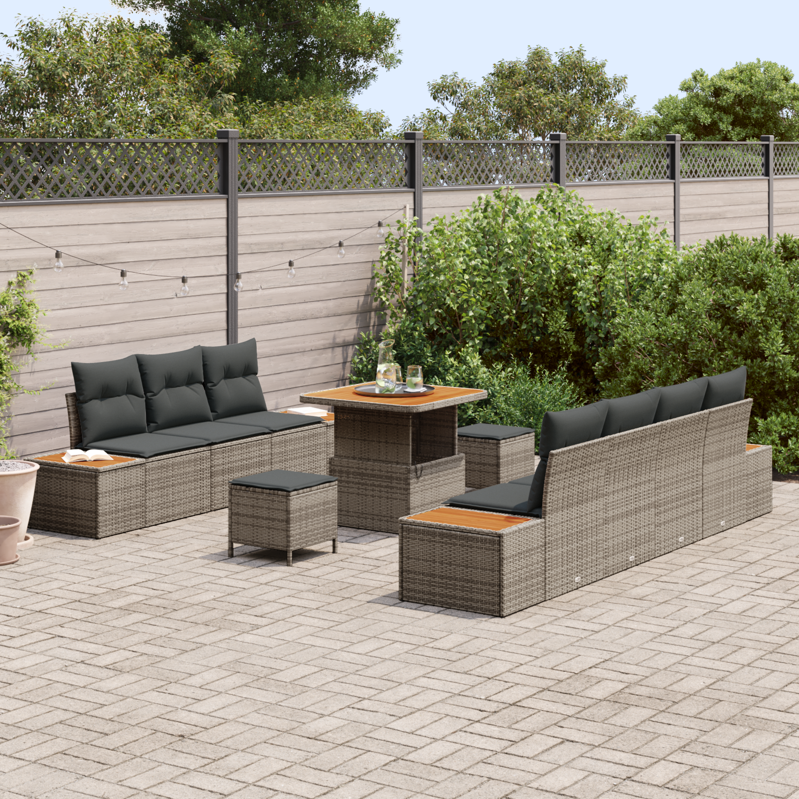 vidaXL 10-delige tuinsofa set met kussens - Grijs - Poly Rattan - Acacia