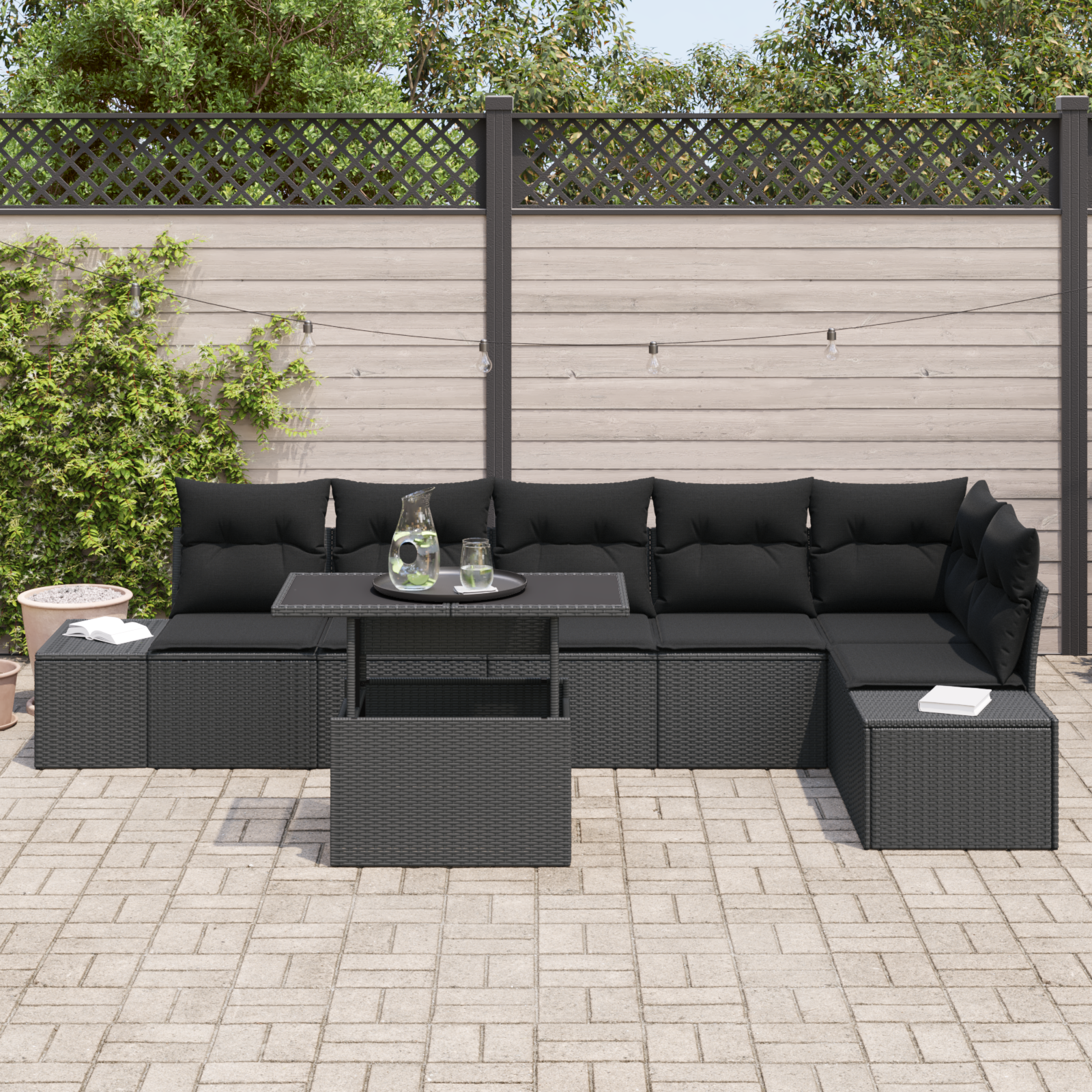 vidaXL 7-delige tuinsofa set met kussens in zwart poly rattan