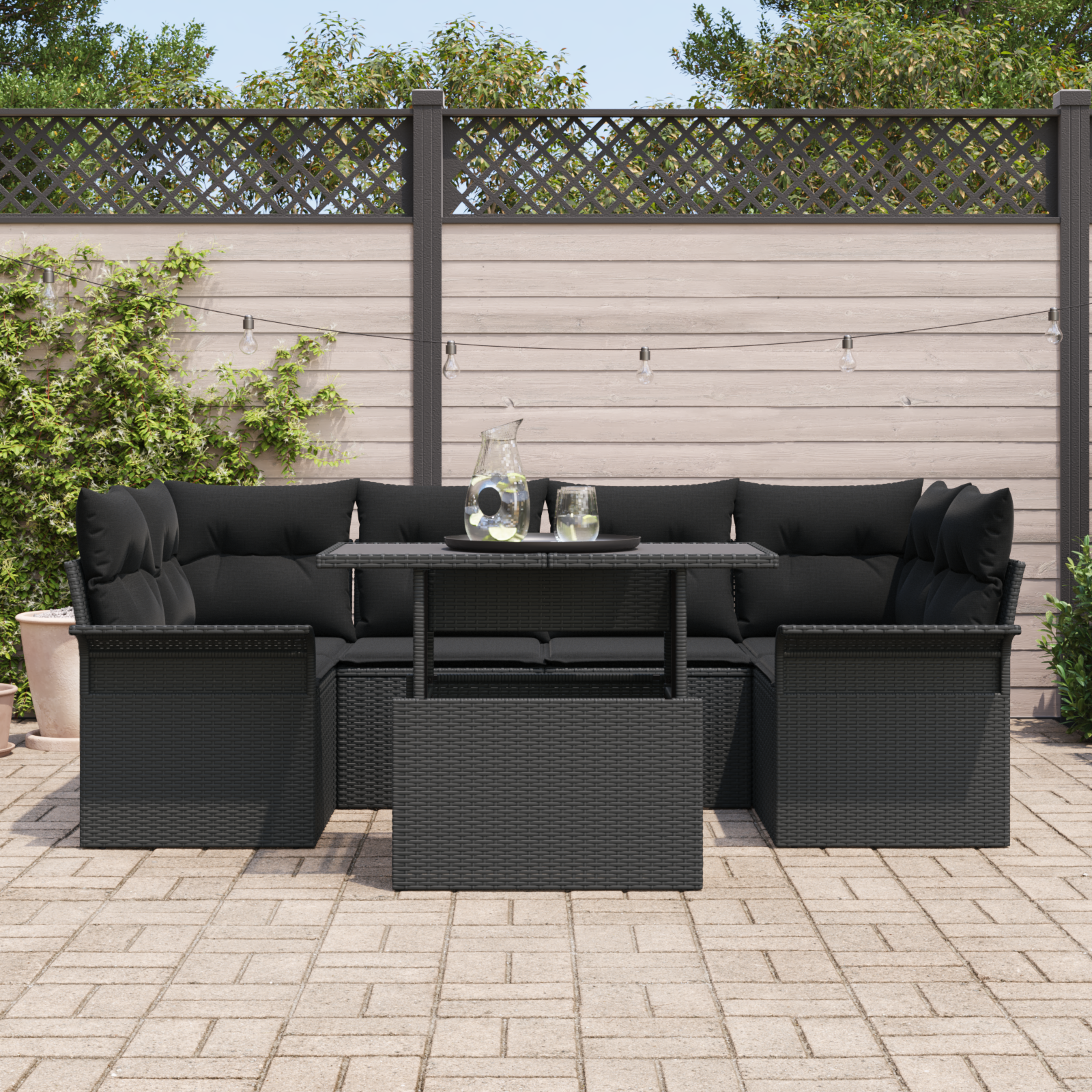 vidaXL 7-delige tuinsofa set met kussens Zwart Poly Rattan