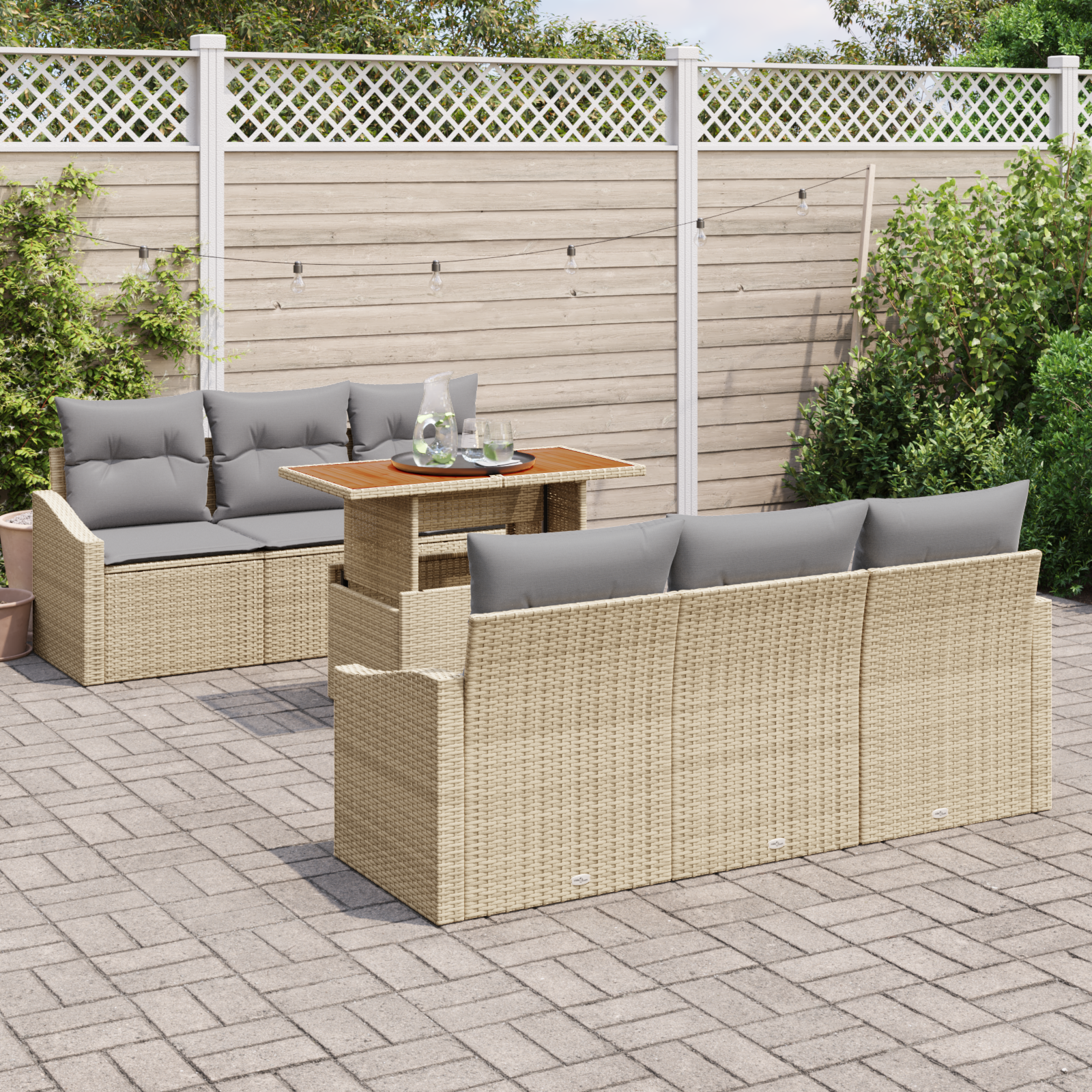 vidaXL 7-delige Tuinbankenset met kussens poly rattan beige
