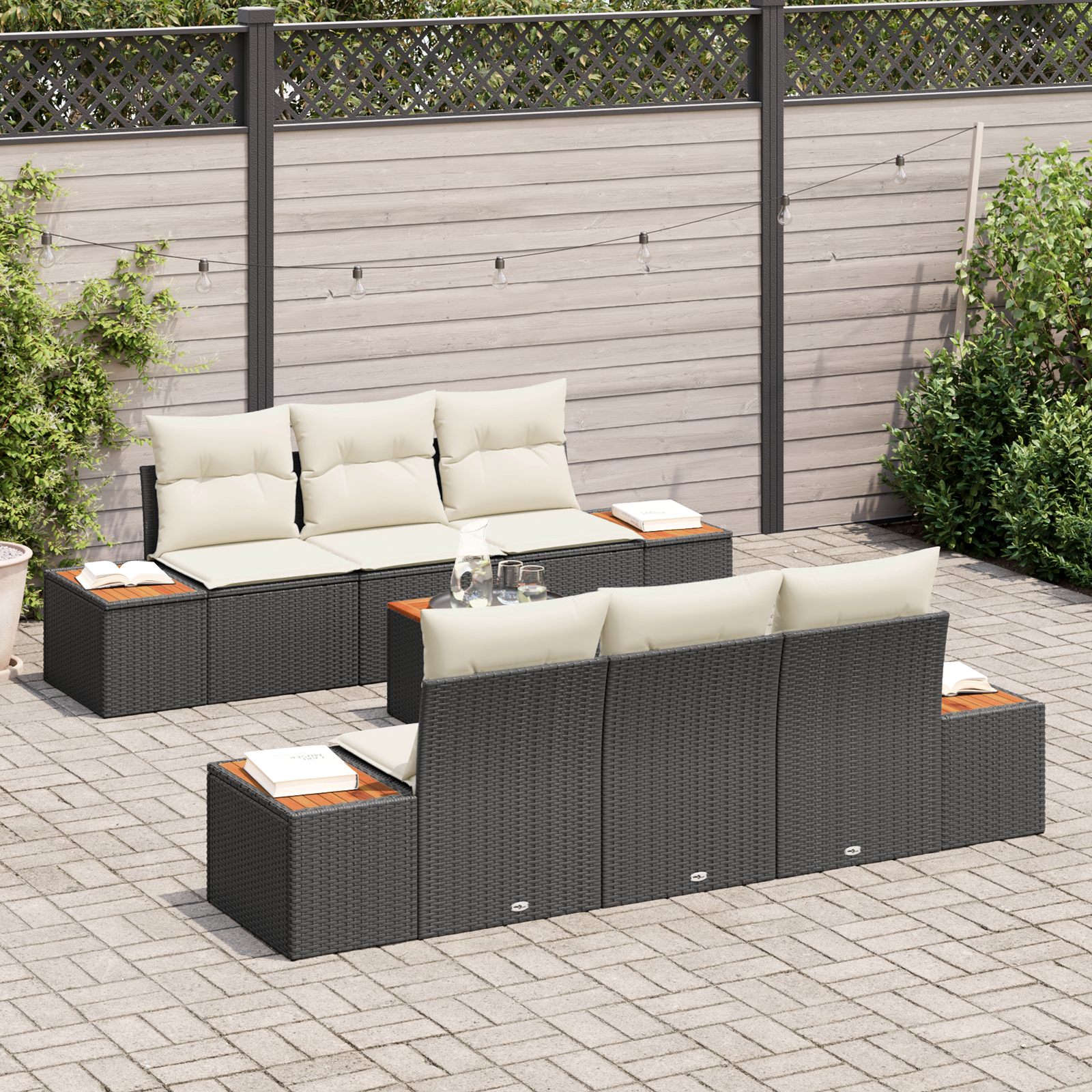 vidaXL 7-delige tuinset met kussens zwart poly rattan acacia