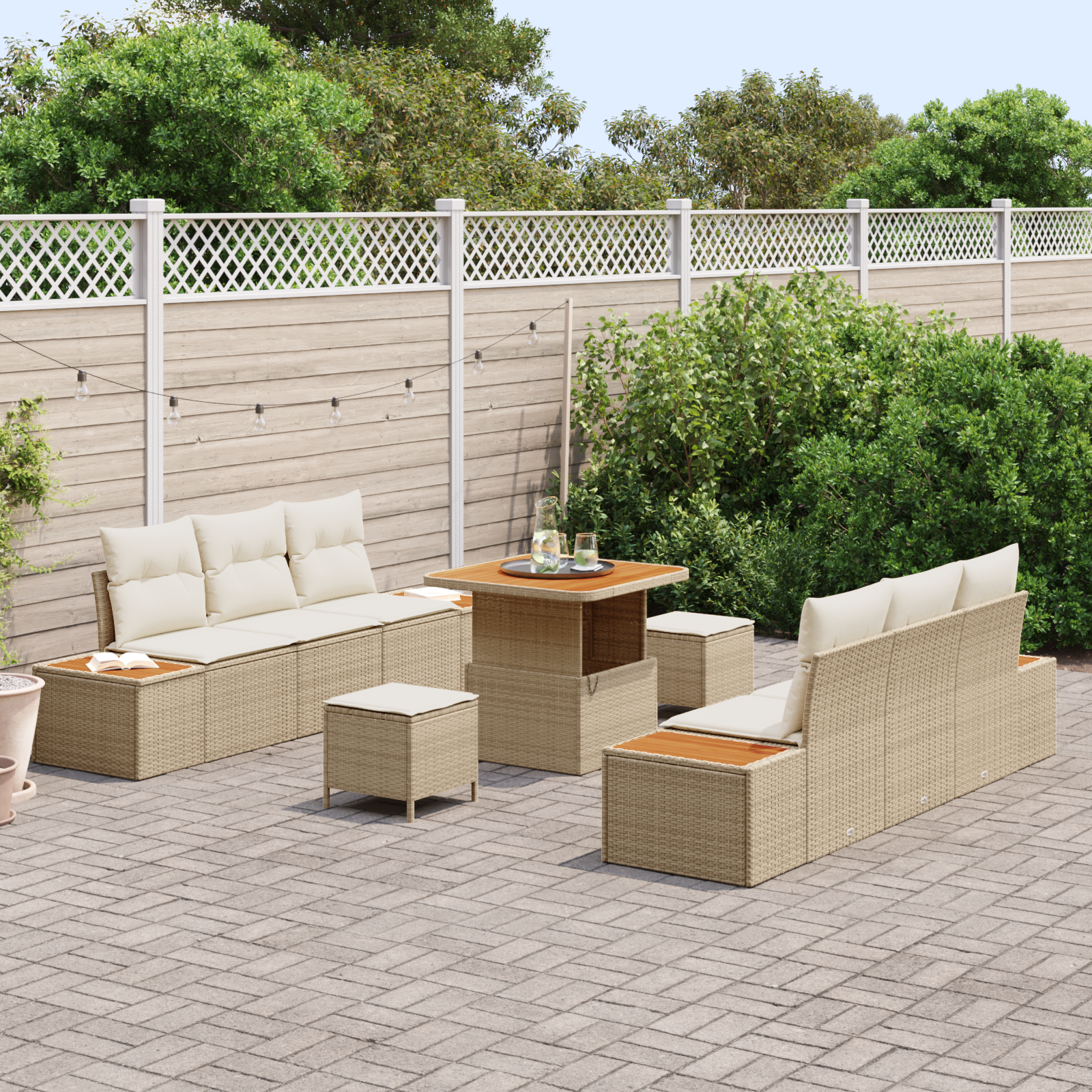 vidaXL 9-delige tuinsofa set met kussens in beige, van poly rattan en acacia