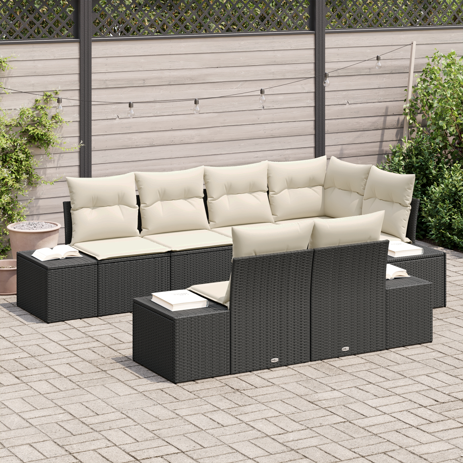 vidaXL 7-delige Tuinbankenset met kussens poly rattan zwart