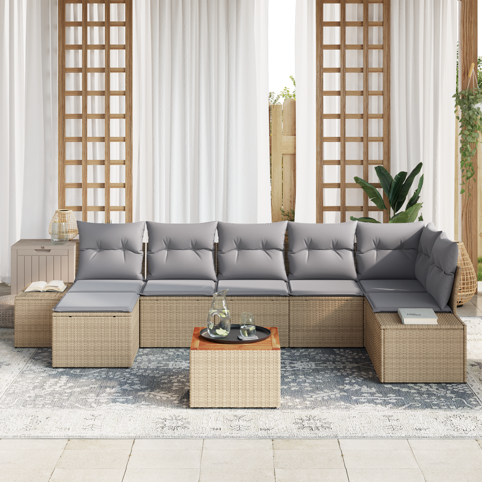 vidaXL 8-delige tuinsofa set met kussens in beige poly rattan en acacia
