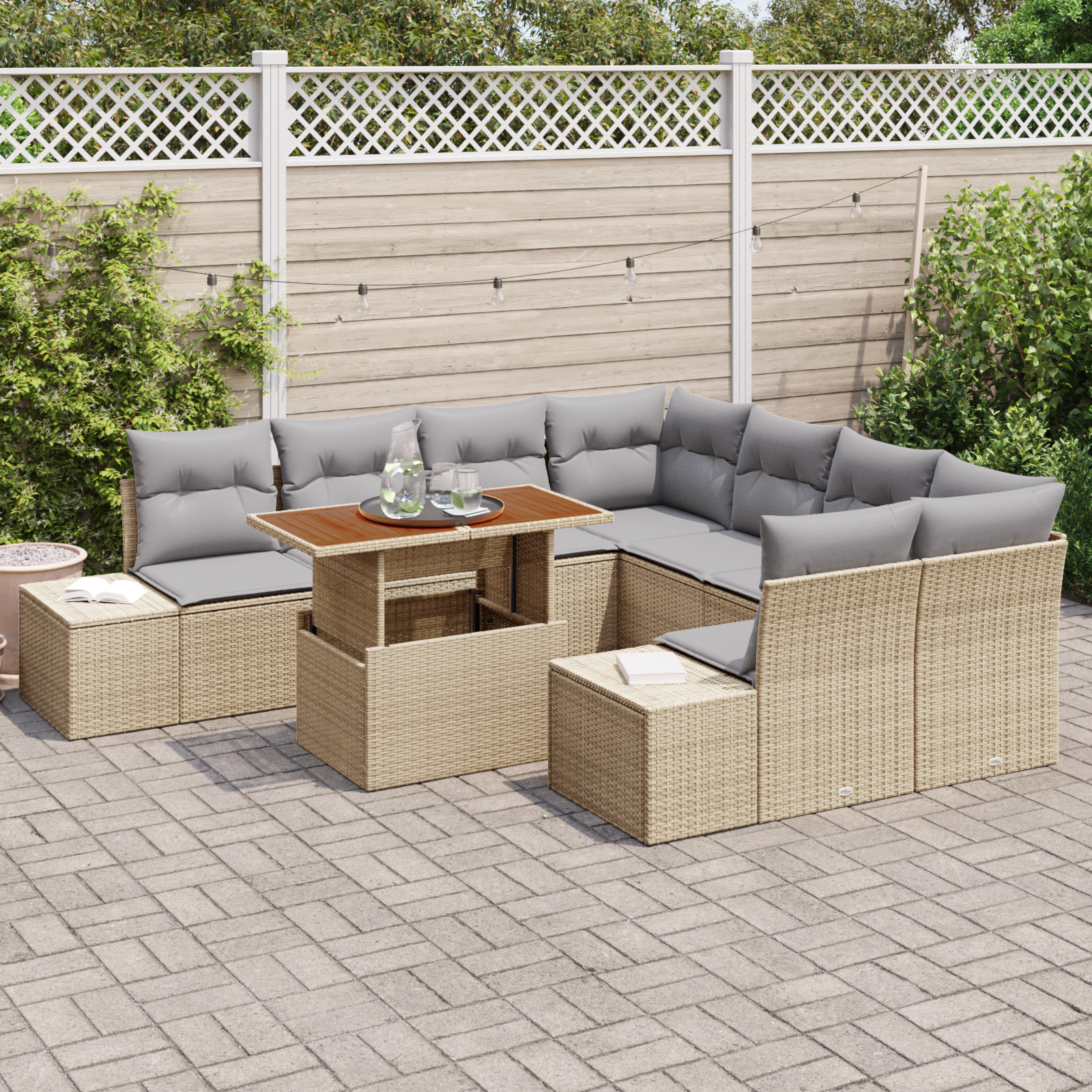 vidaXL 9-delige Tuinset met kussens poly rattan acaciahout beige
