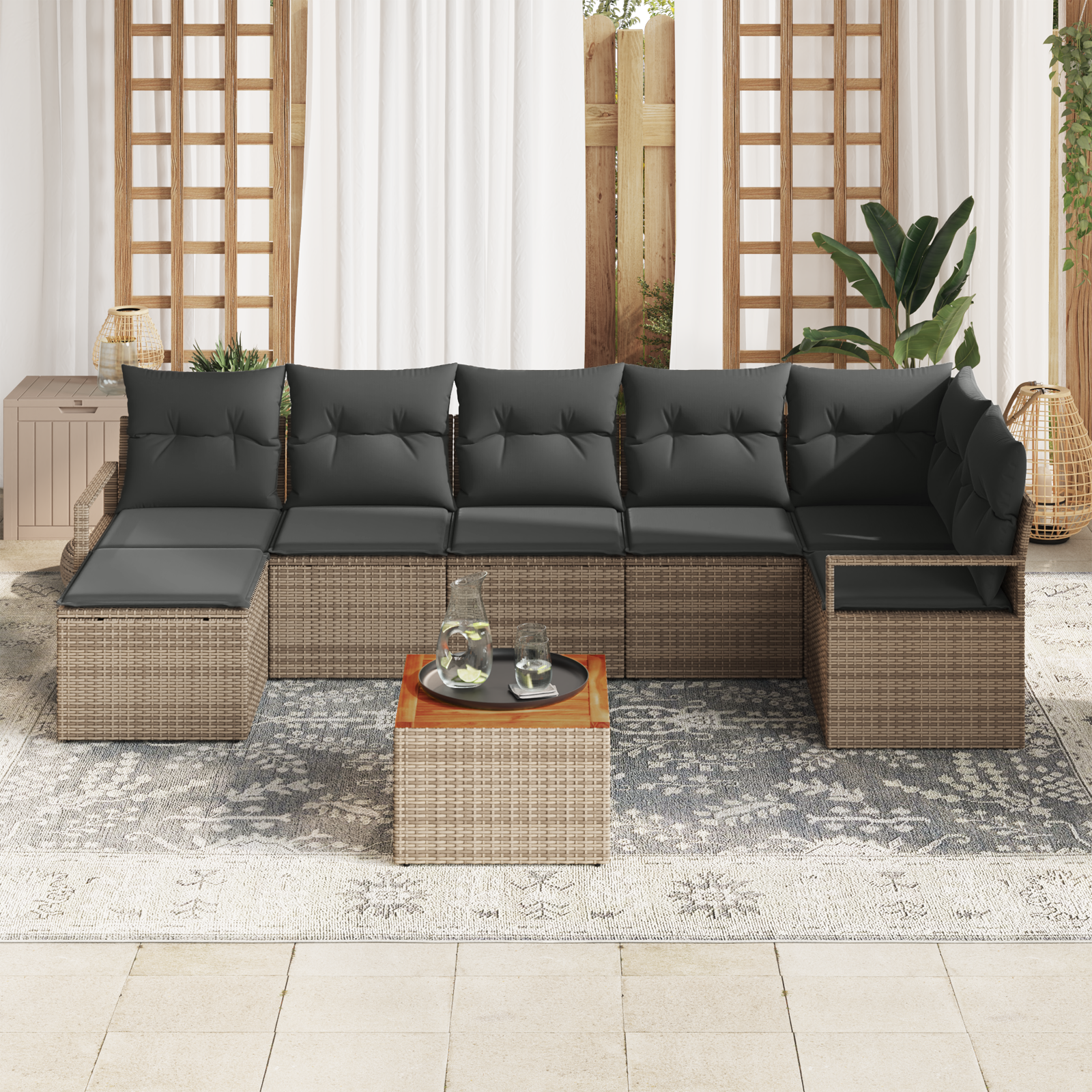 vidaXL 9-delige Tuinbankenset met kussens poly rattan acacia grijs