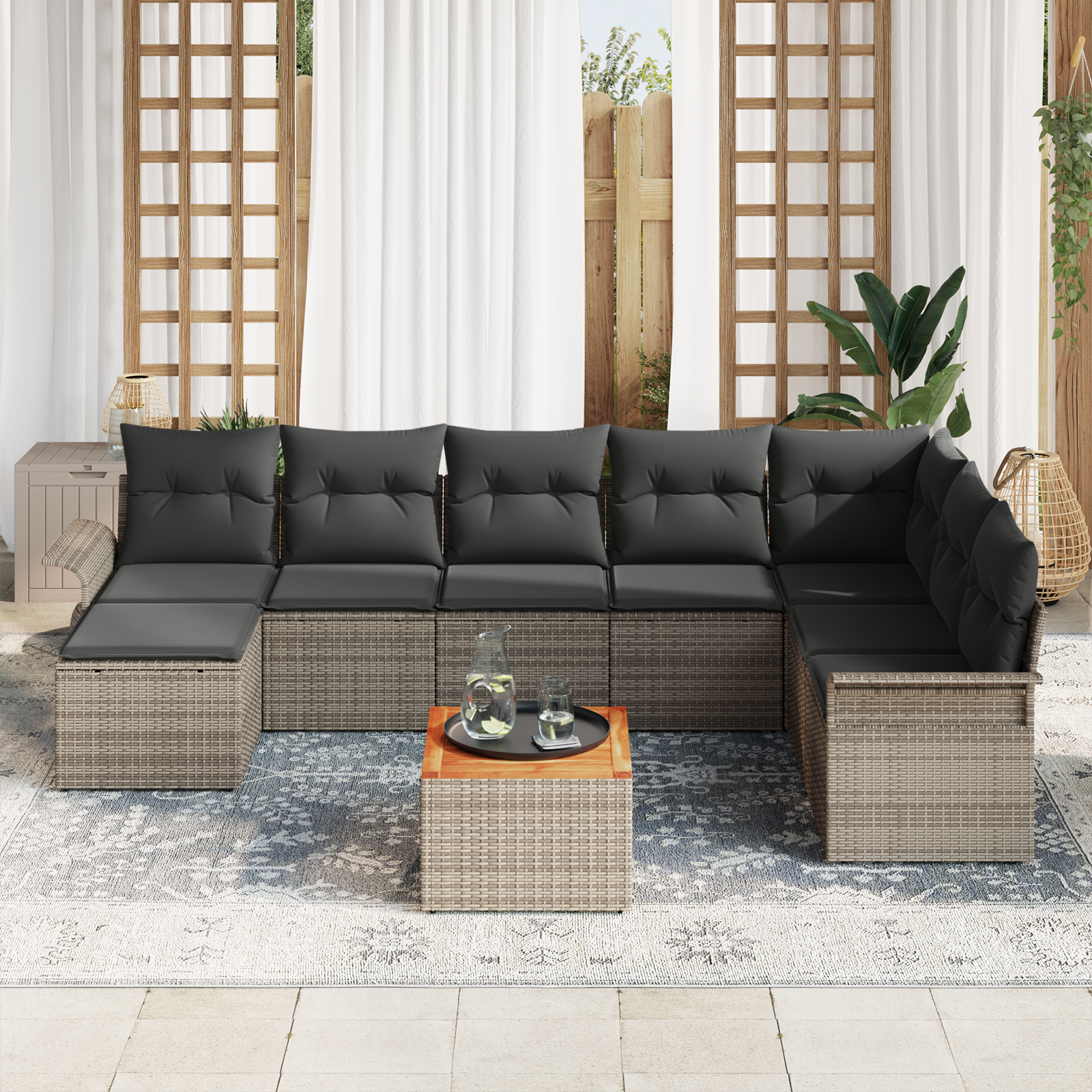 vidaXL 9-delige Tuinbankenset met kussens poly rattan acacia grijs