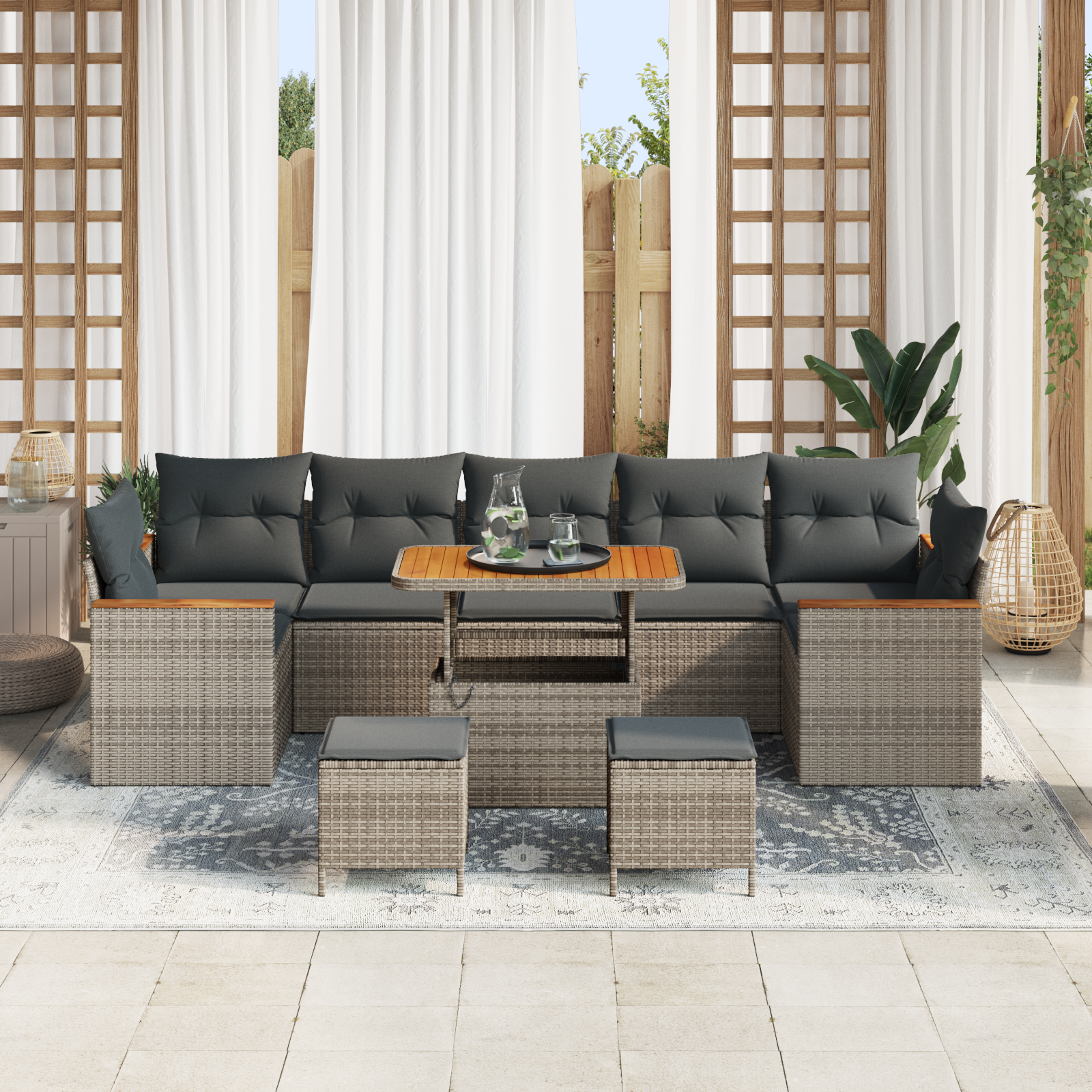 vidaXL 10-delige Tuinbankenset met kussens poly rattan acacia grijs