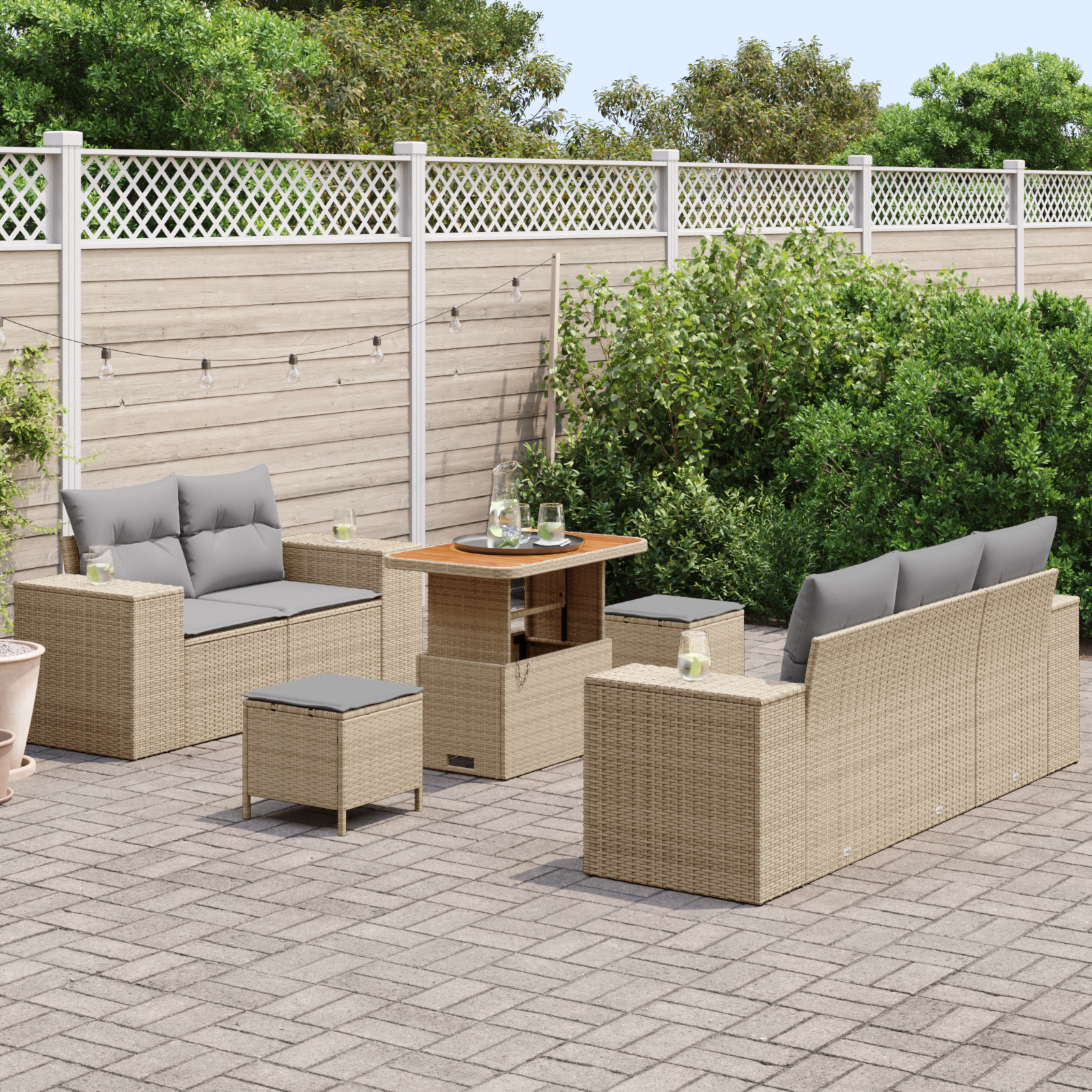 vidaXL 8-delige tuinset met kussens in beige van poly rattan en acacia