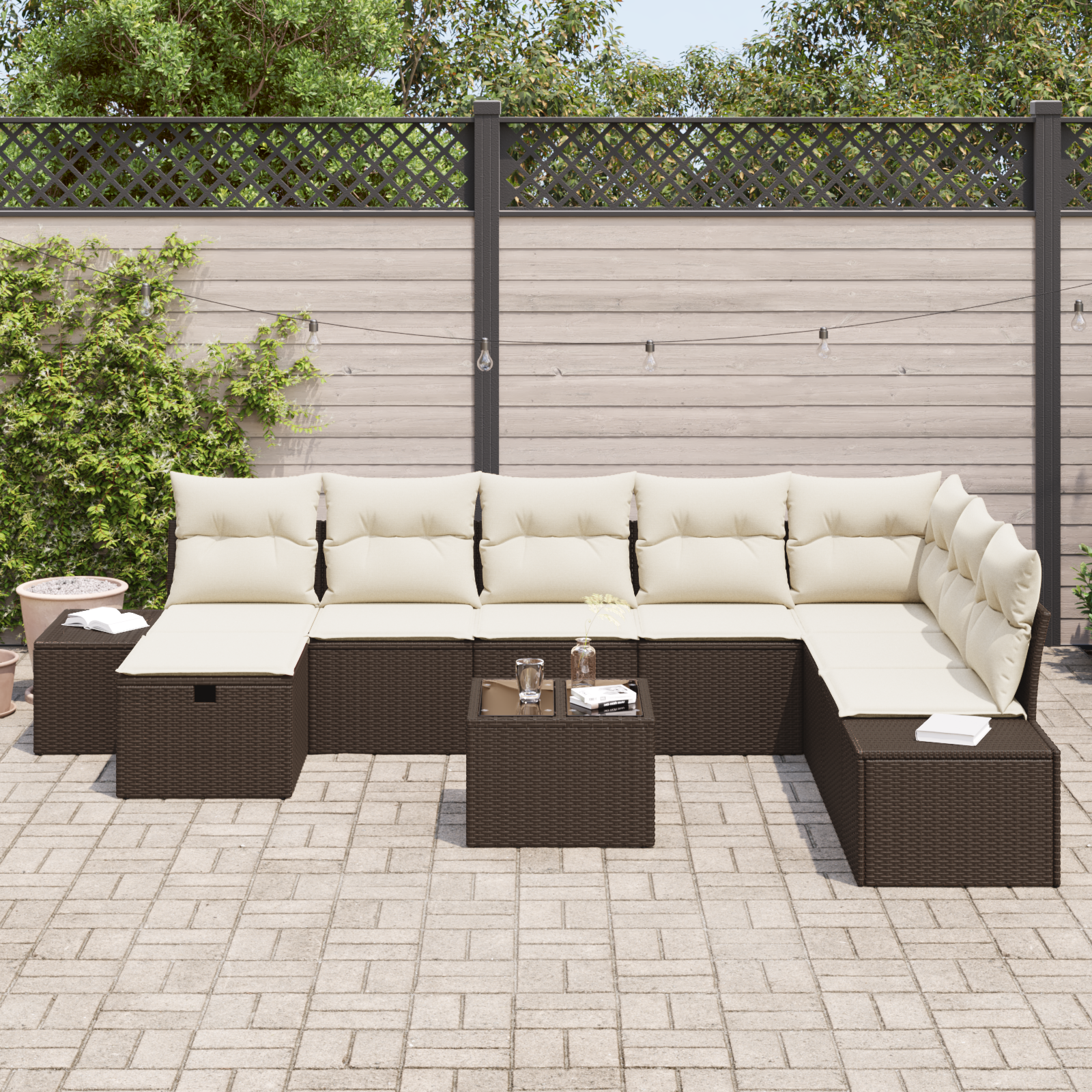 vidaXL 9-delige Tuinbankenset met kussens poly rattan bruin