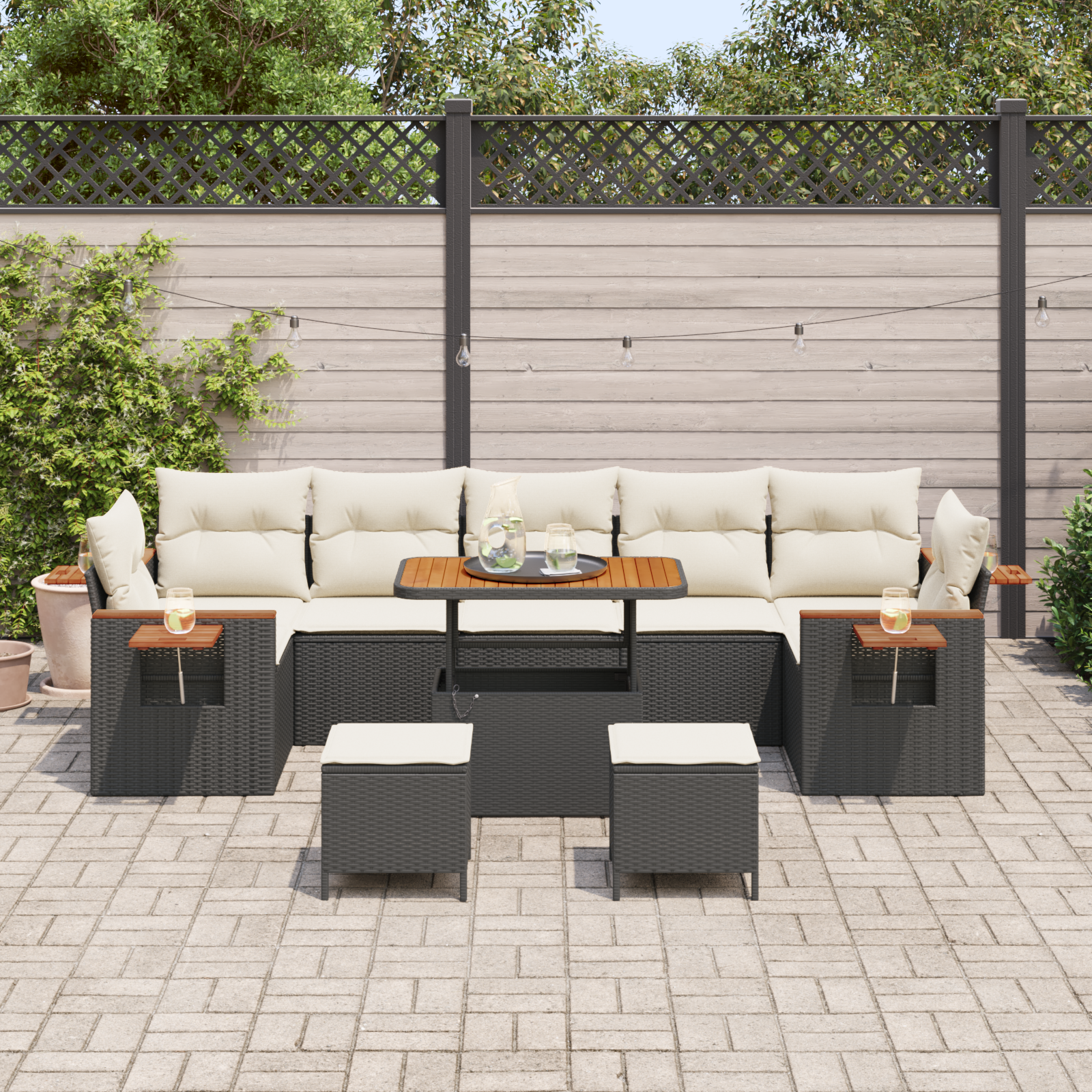 vidaXL 10-delig tuinset met kussens in zwart poly rattan en acaciahout