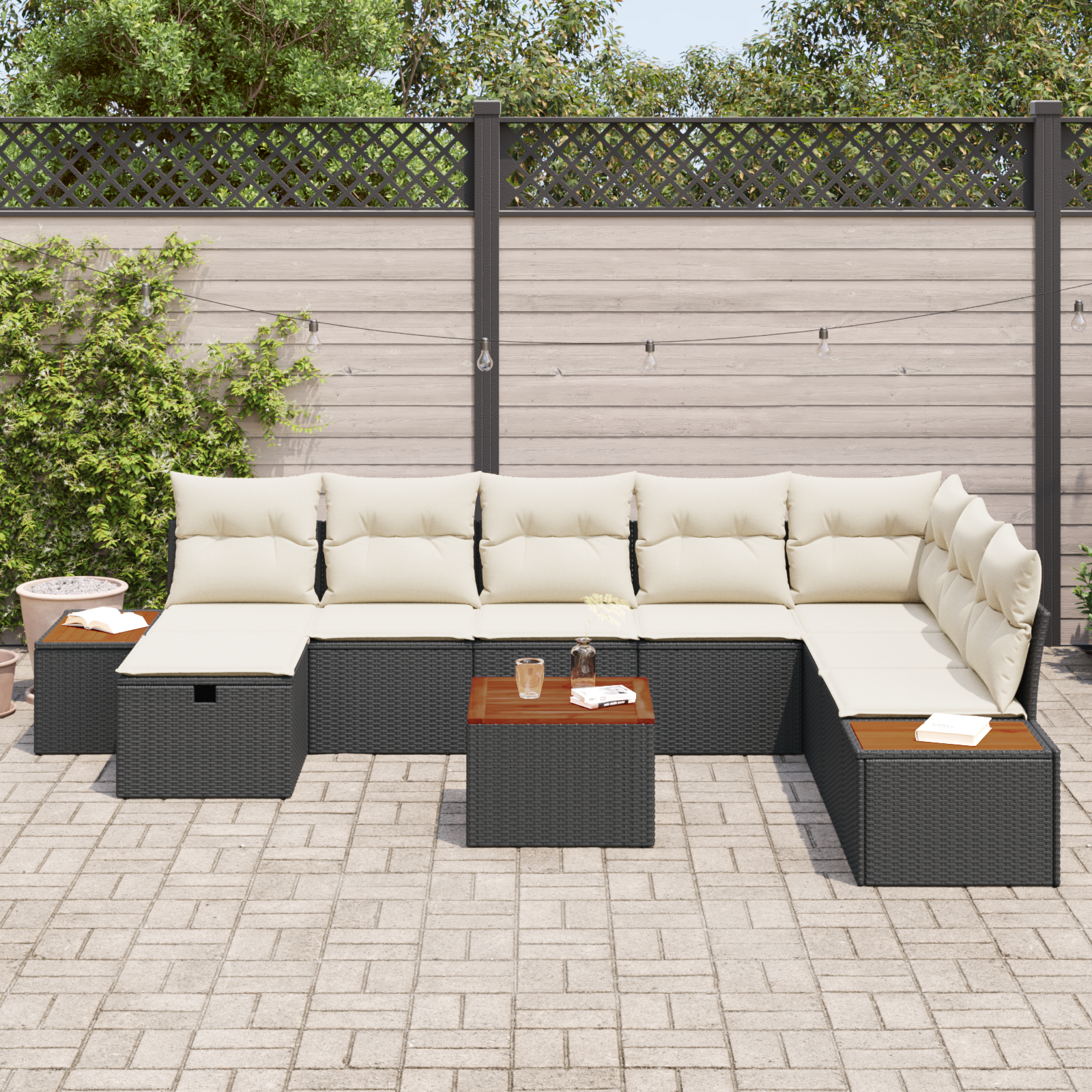 vidaXL 9-delige Tuinbankenset met kussens, poly rattan zwart