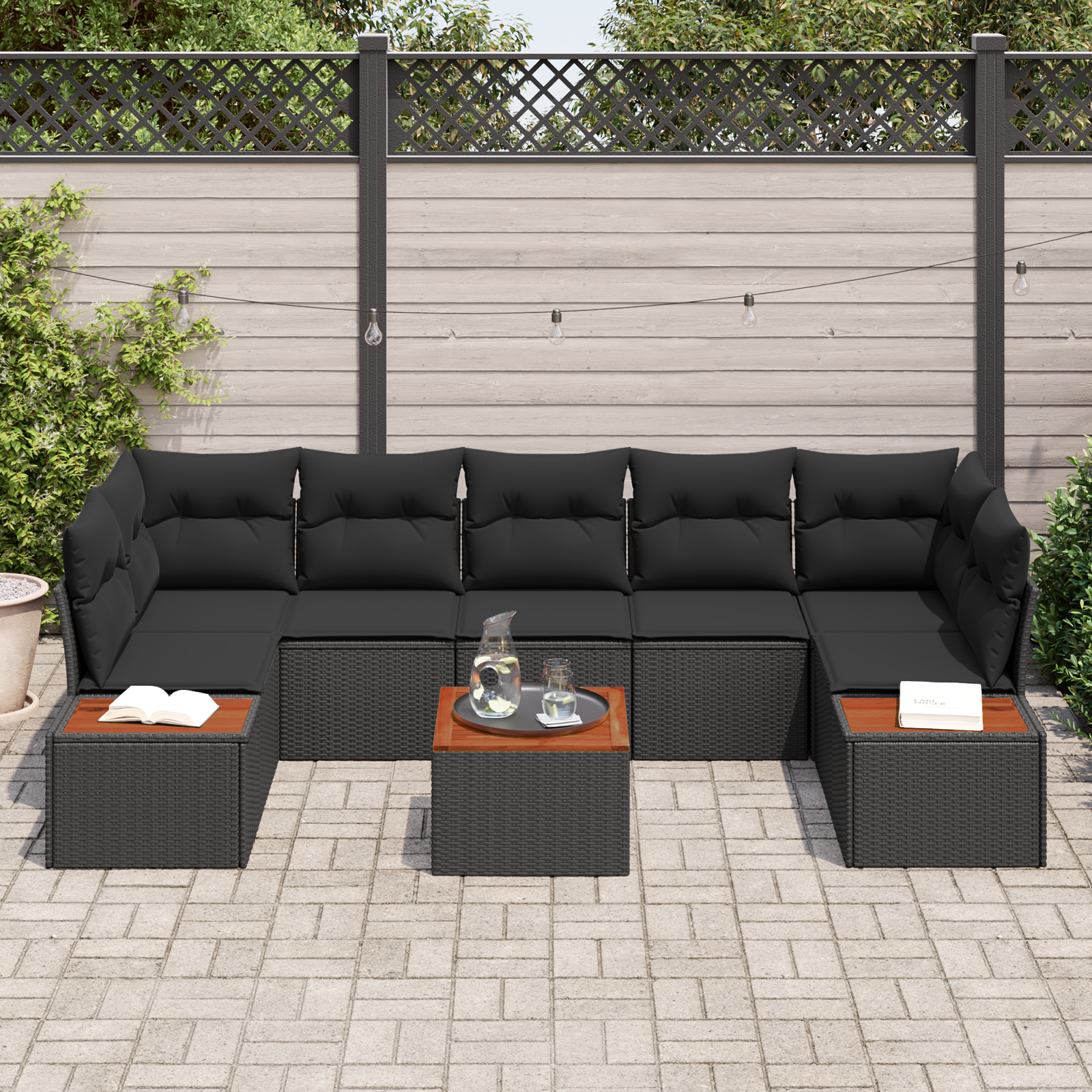 vidaXL 8-delige tuinset met kussens zwart poly rattan acacia
