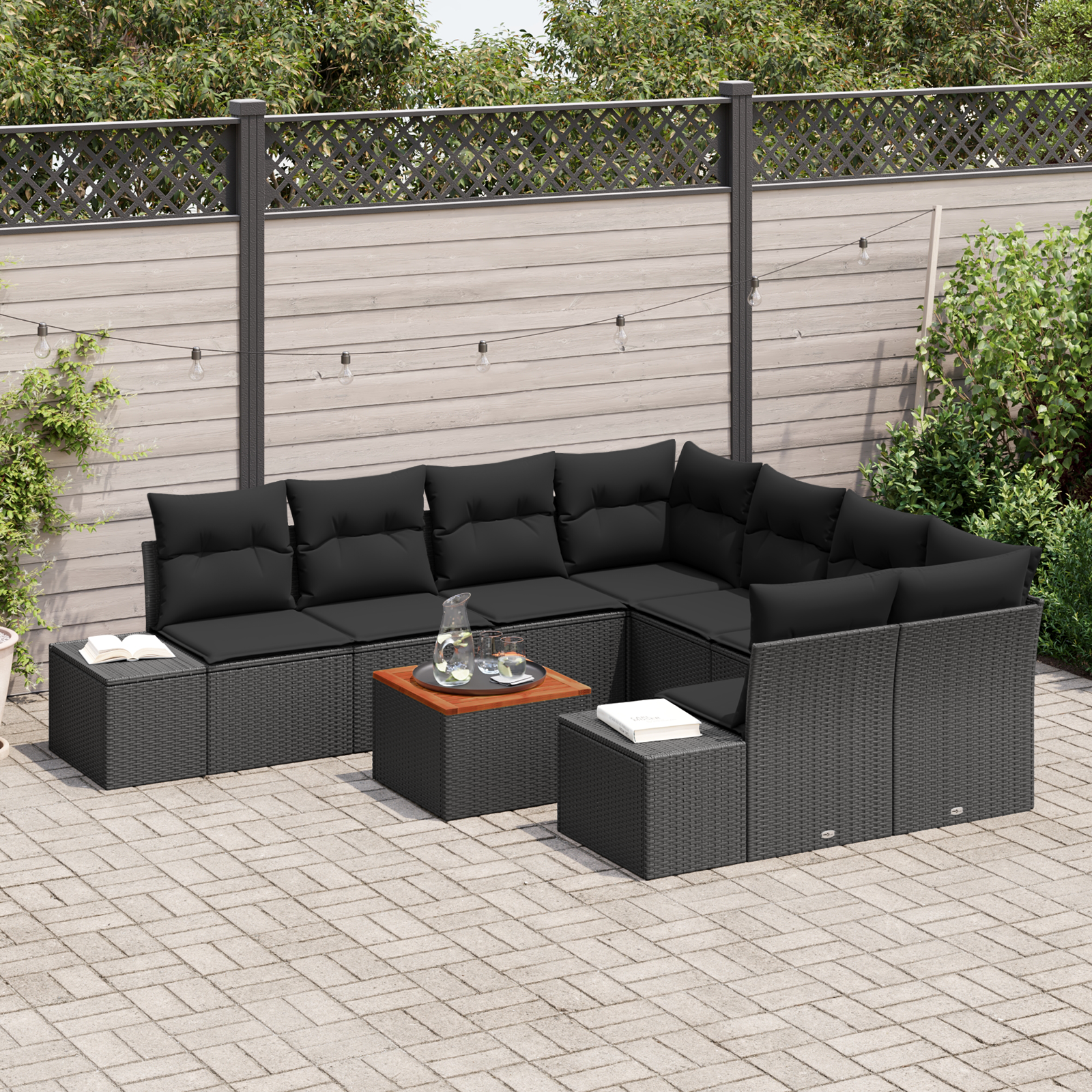 vidaXL 9-delige tuinsofa set met kussens zwart poly rattan acacia