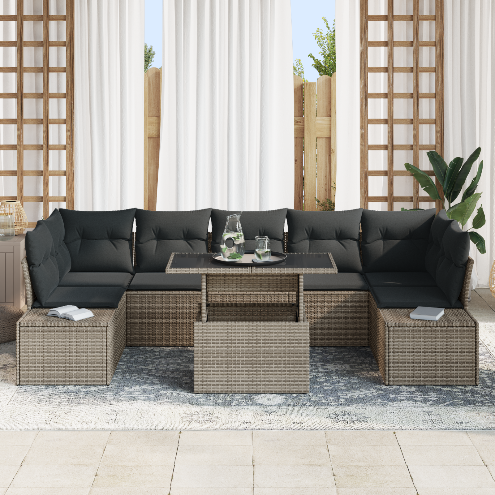 vidaXL 8-delige Tuinbankenset met kussens poly rattan grijs