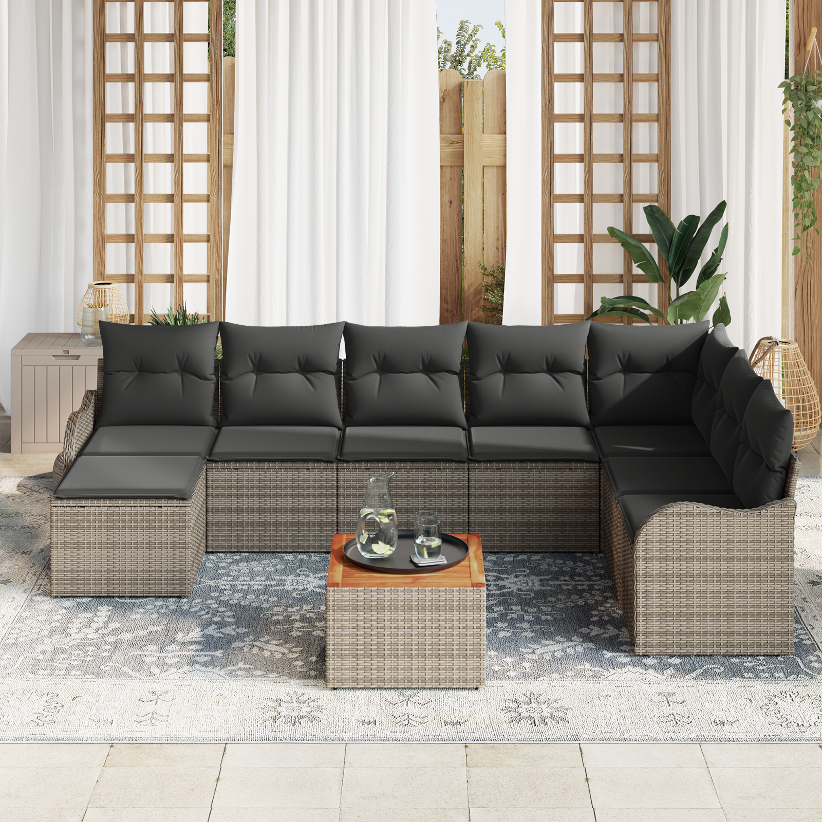 vidaXL 9-delige Tuinbankenset met kussens poly rattan acacia grijs
