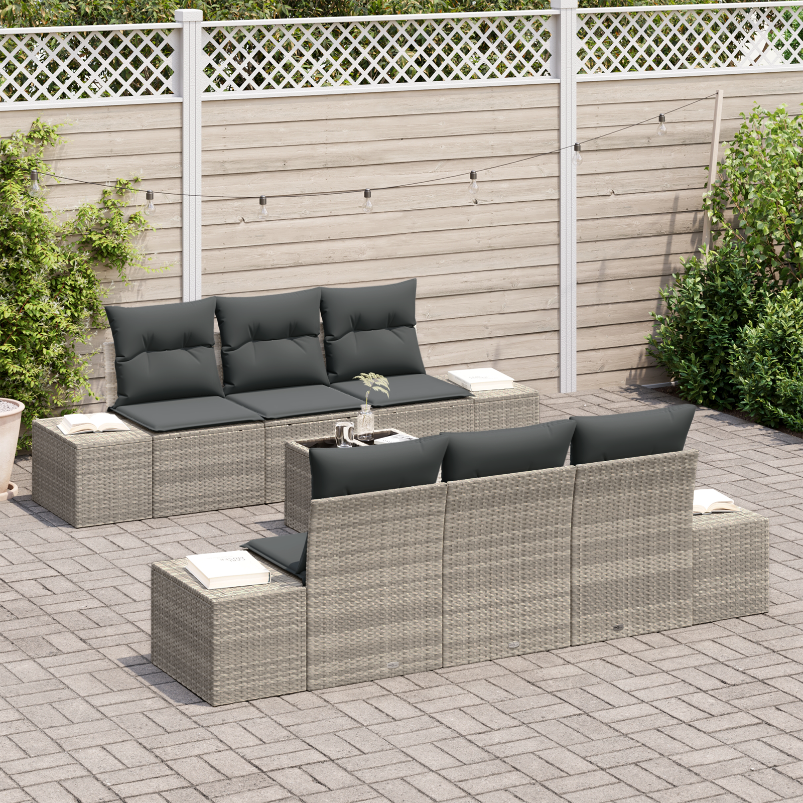 vidaXL 7-delige tuinset met kussens in lichtgrijs poly rattan