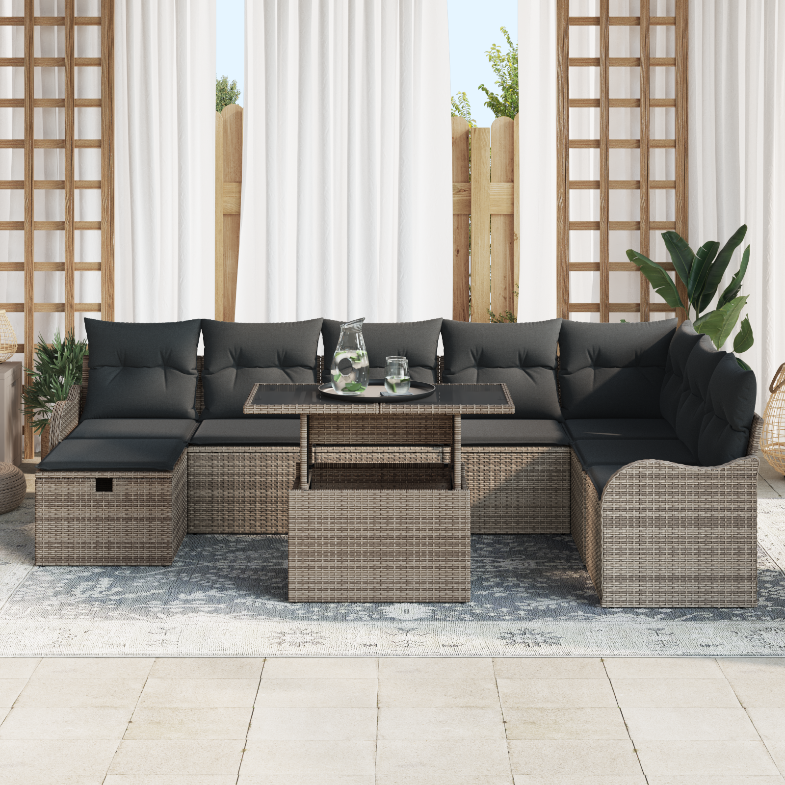 vidaXL 9-delig Tuinbankenset met kussens poly rattan grijs