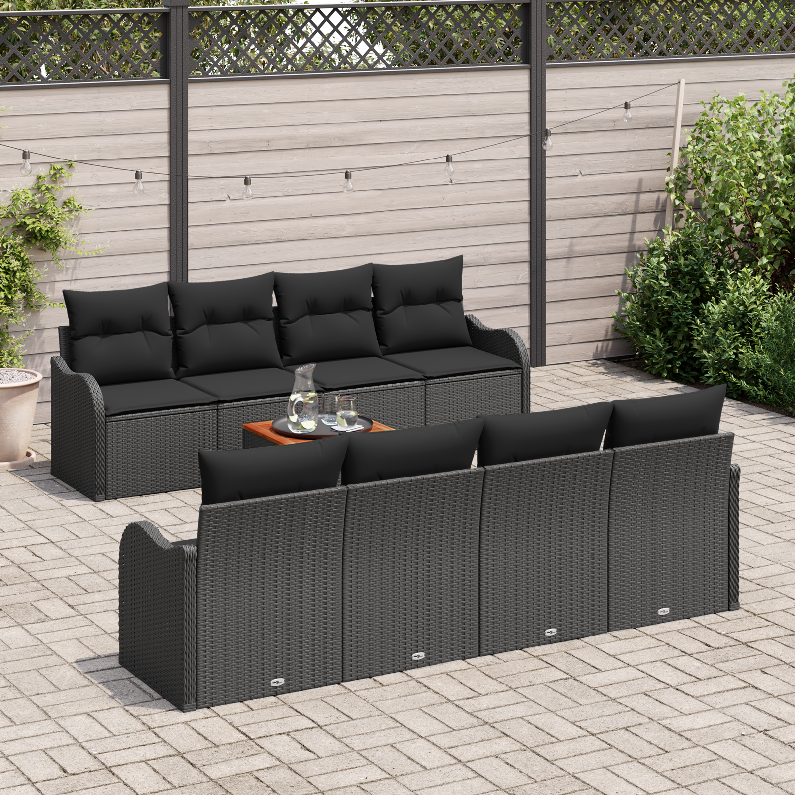 vidaXL 9-delige tuinbankset met kussens zwart poly rattan acacia
