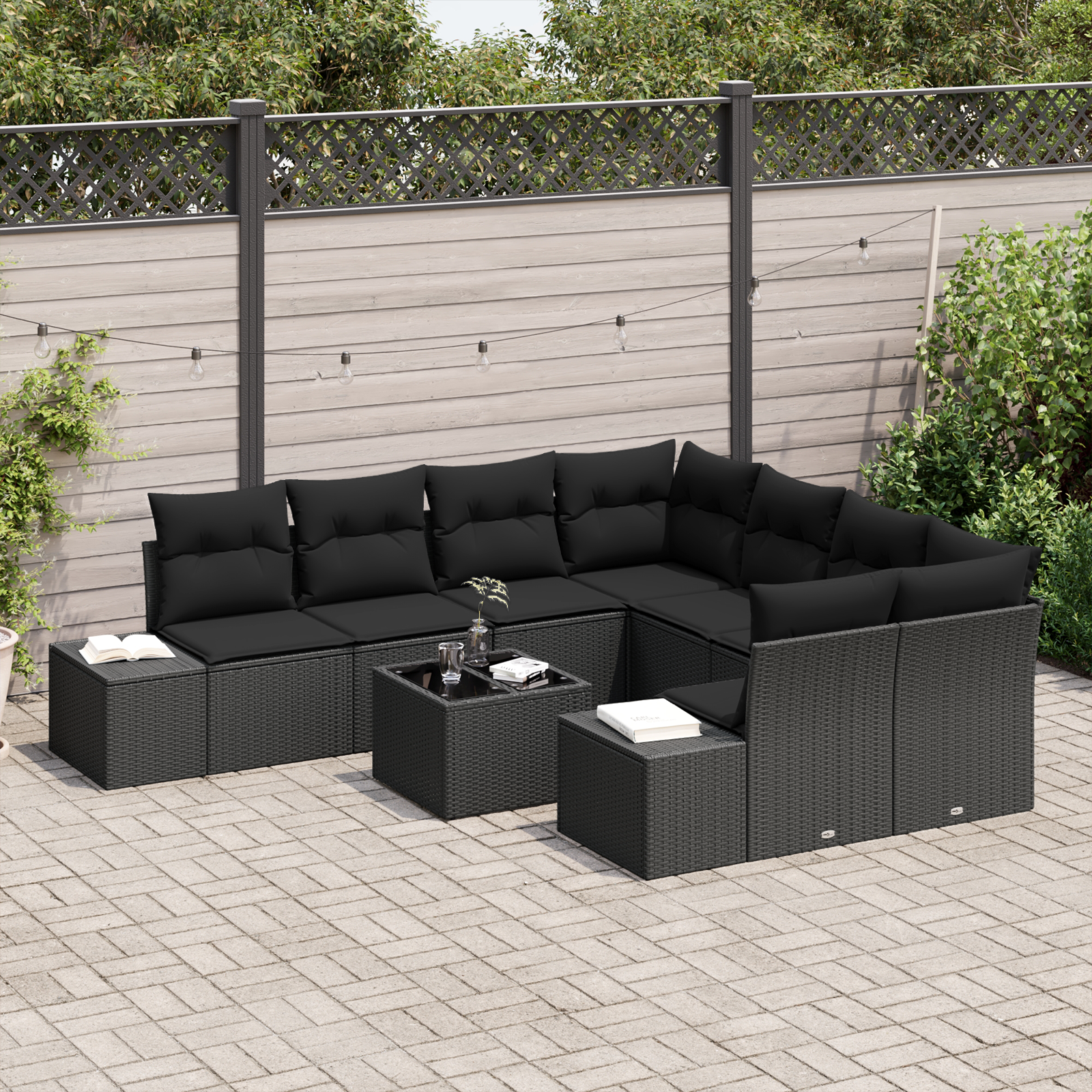 vidaXL 9-delige tuinset met kussens zwart poly rattan