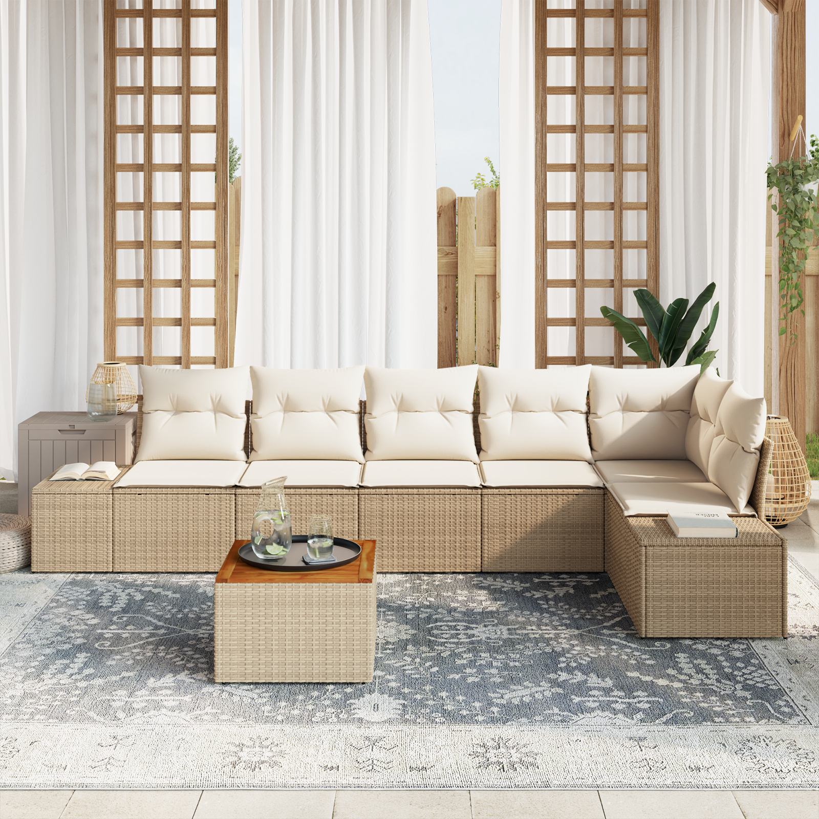 vidaXL 7-delige tuinbankset met kussens in beige, van poly rattan en acacia