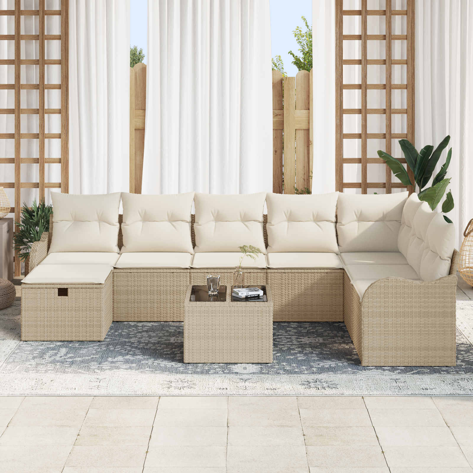 vidaXL 9-delige Tuinbankenset met kussens poly rattan beige