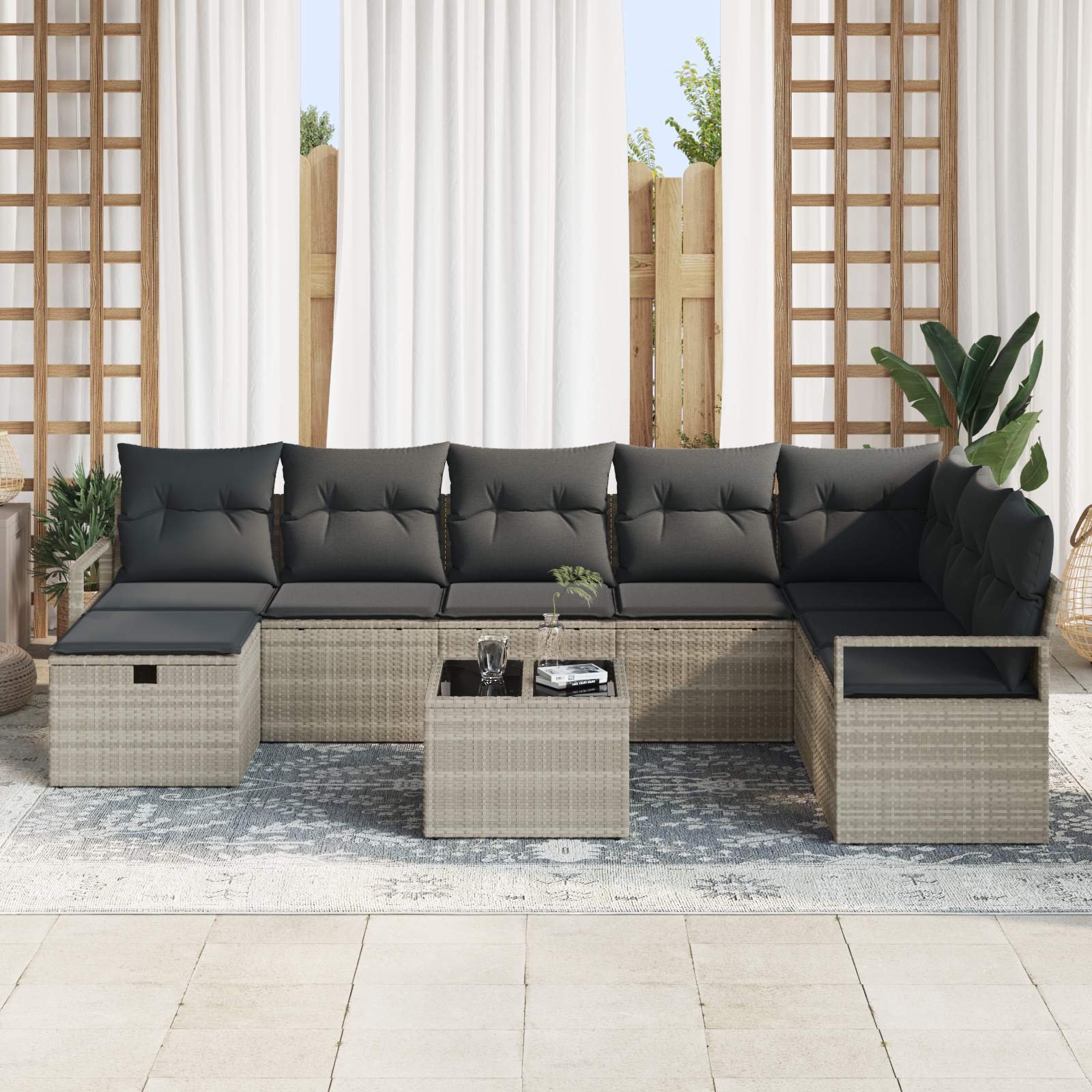 vidaXL 9-delige tuinset met kussens lichtgrijs poly rattan