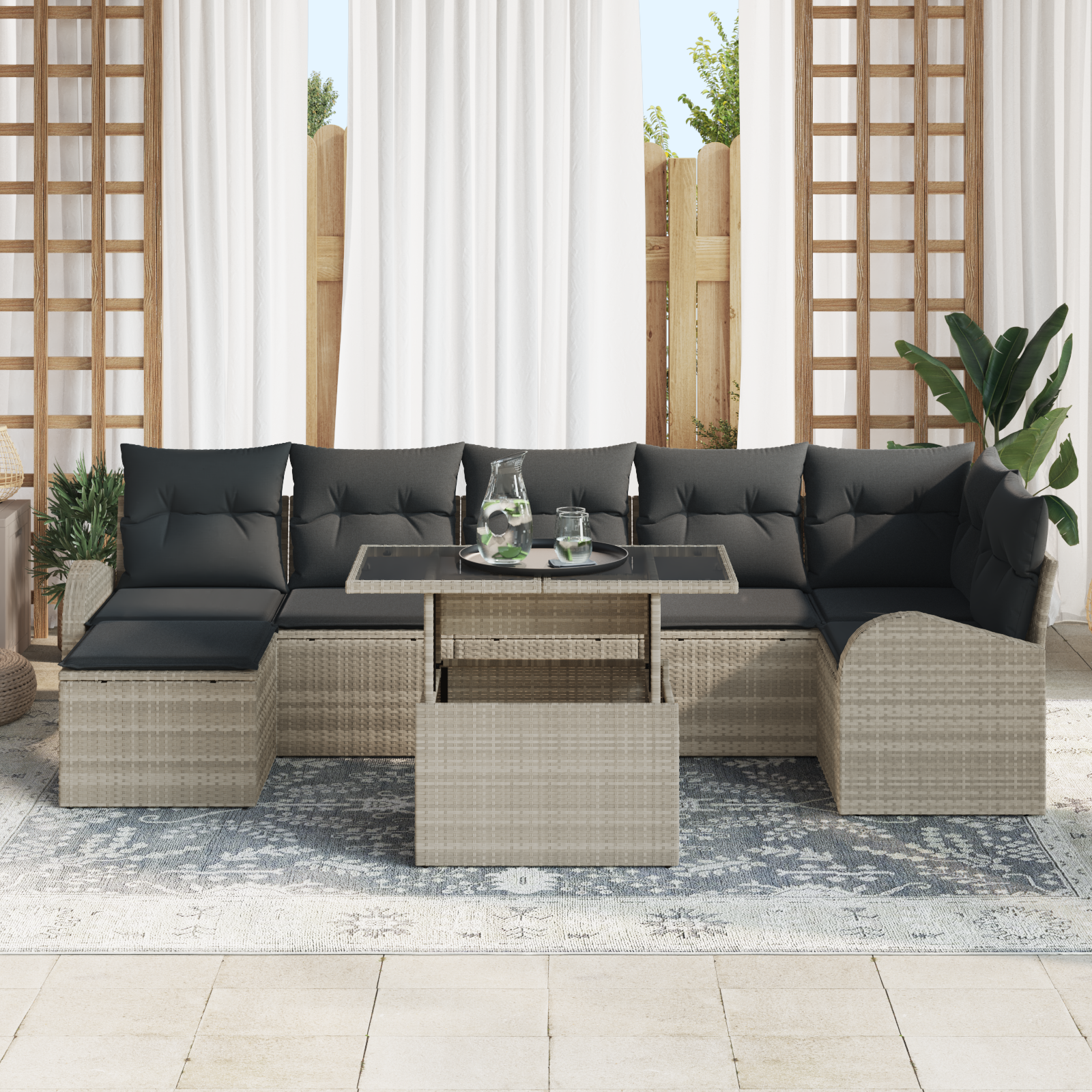 vidaXL 8-delige Tuinbankenset met kussens poly rattan lichtgrijs