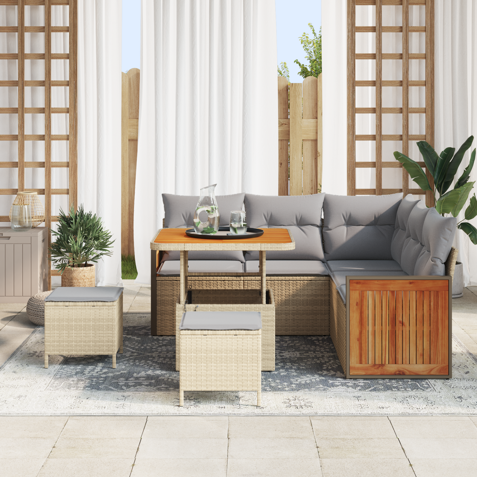 vidaXL 8-delige Tuinbankenset met kussens poly rattan acacia beige