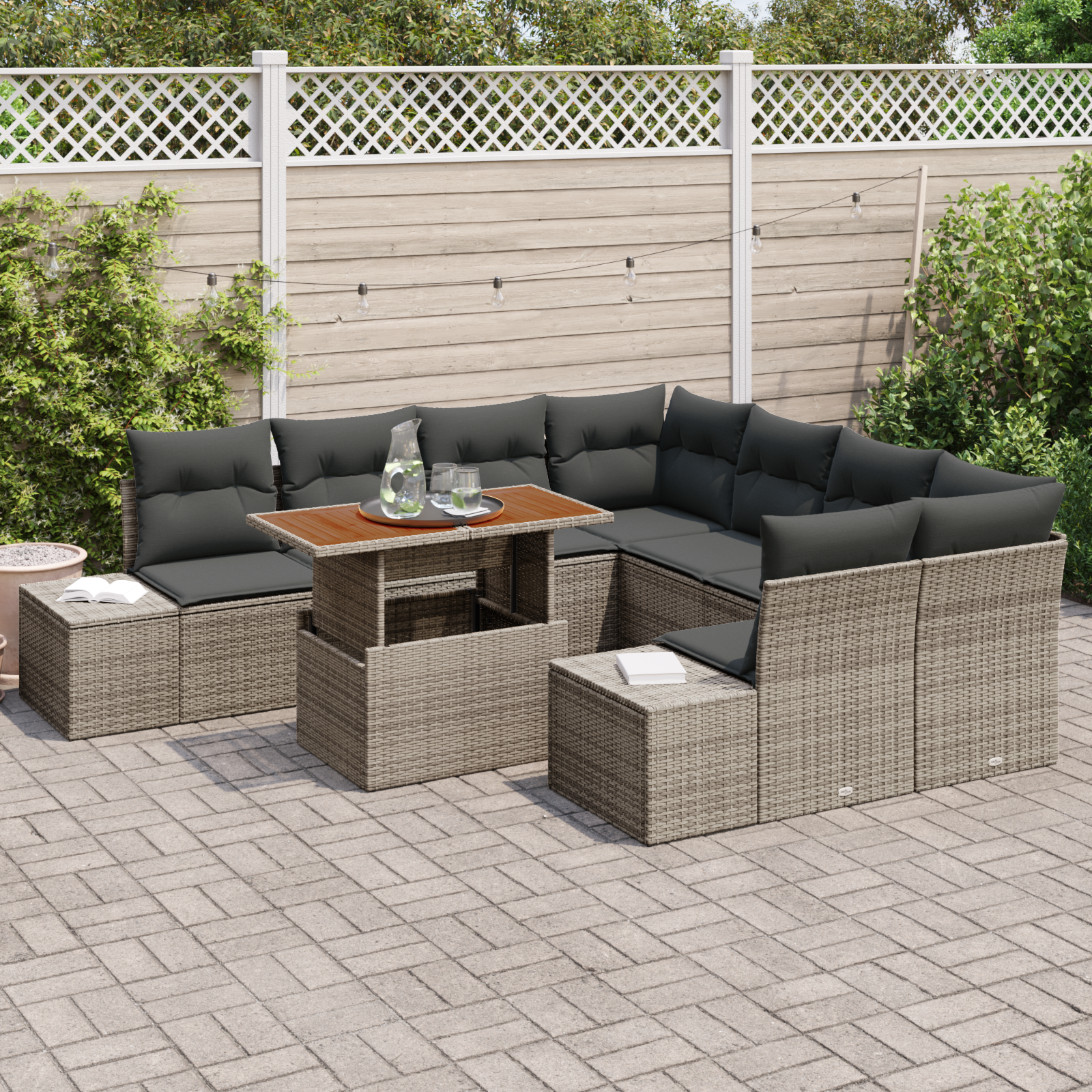 vidaXL 9-delige Tuinset met kussens poly rattan acaciahout grijs