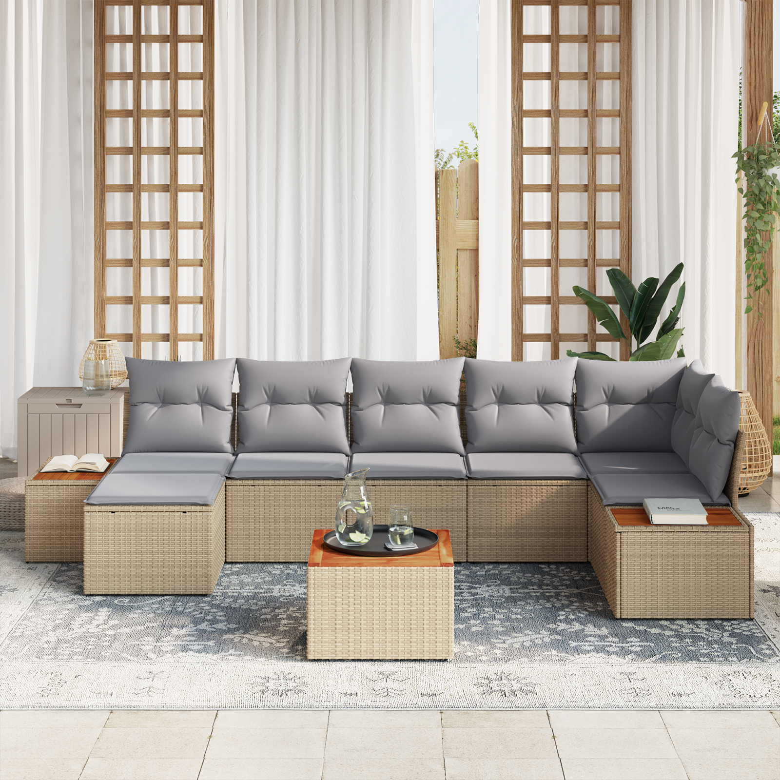 vidaXL 8-delige Tuinbankenset met kussens poly rattan acacia beige